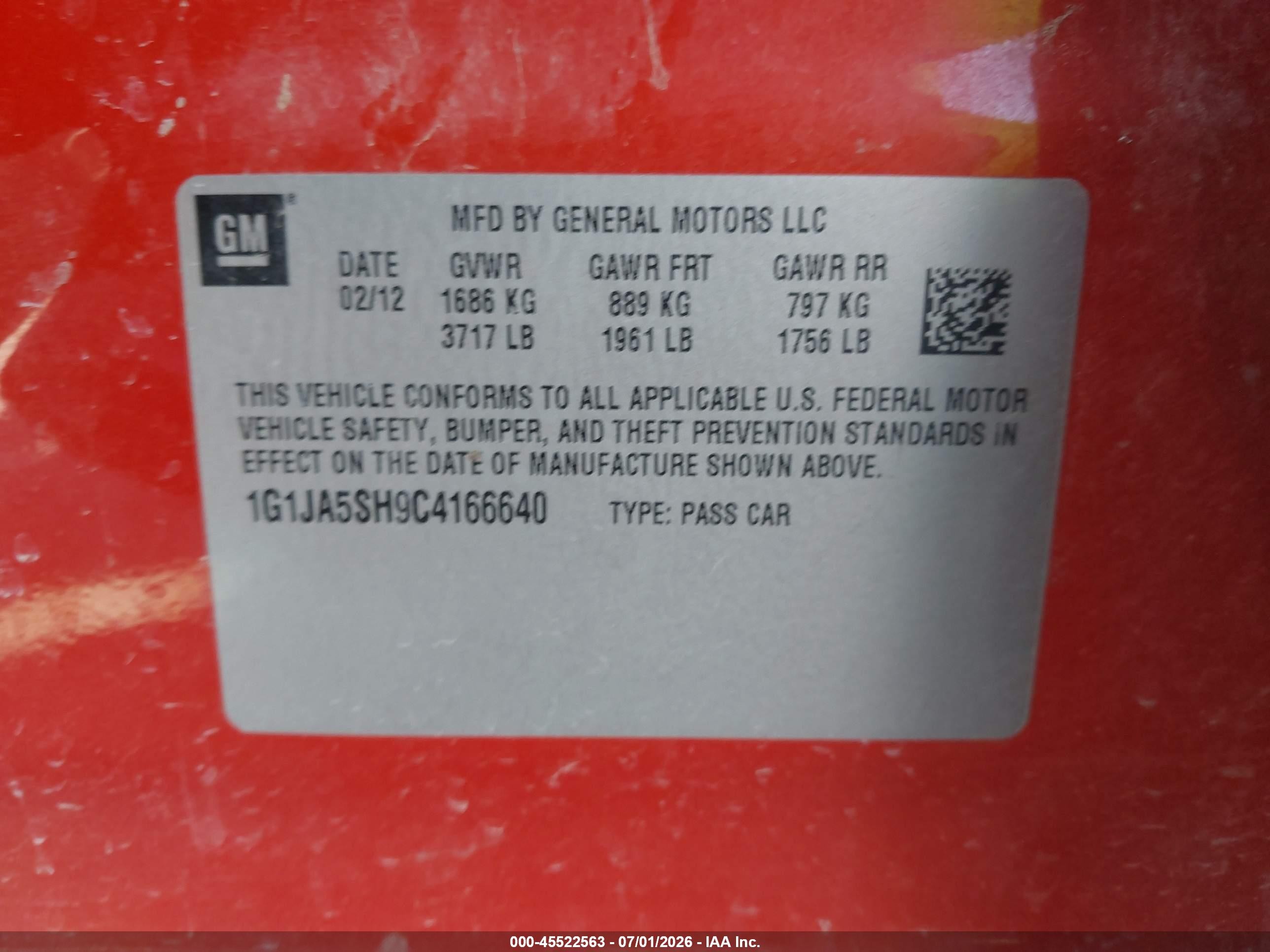 2012 Chevrolet Sonic 2ls Red vin: 1G1JA5SH9C4166640