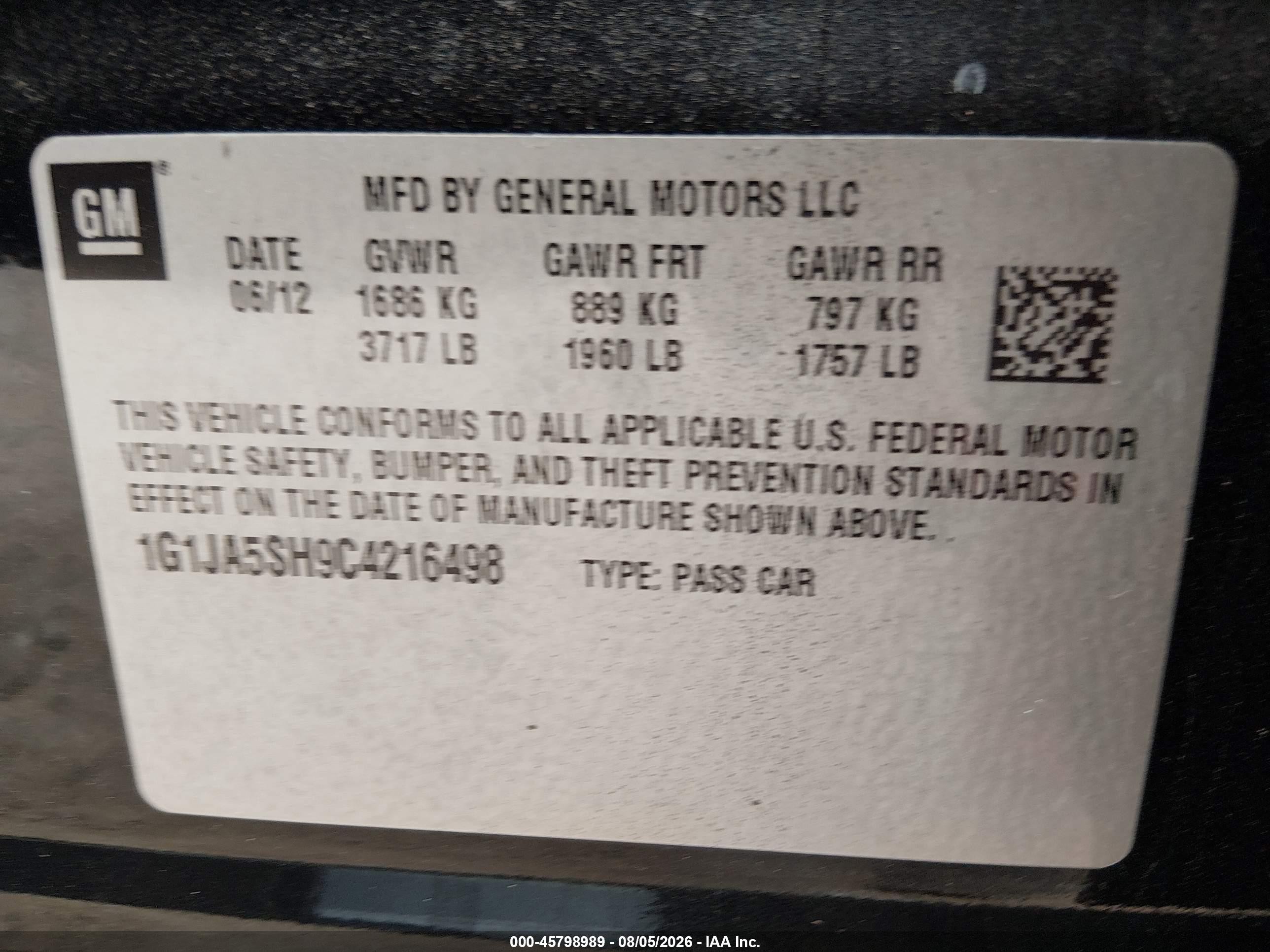 2012 Chevrolet Sonic 2ls Black vin: 1G1JA5SH9C4216498