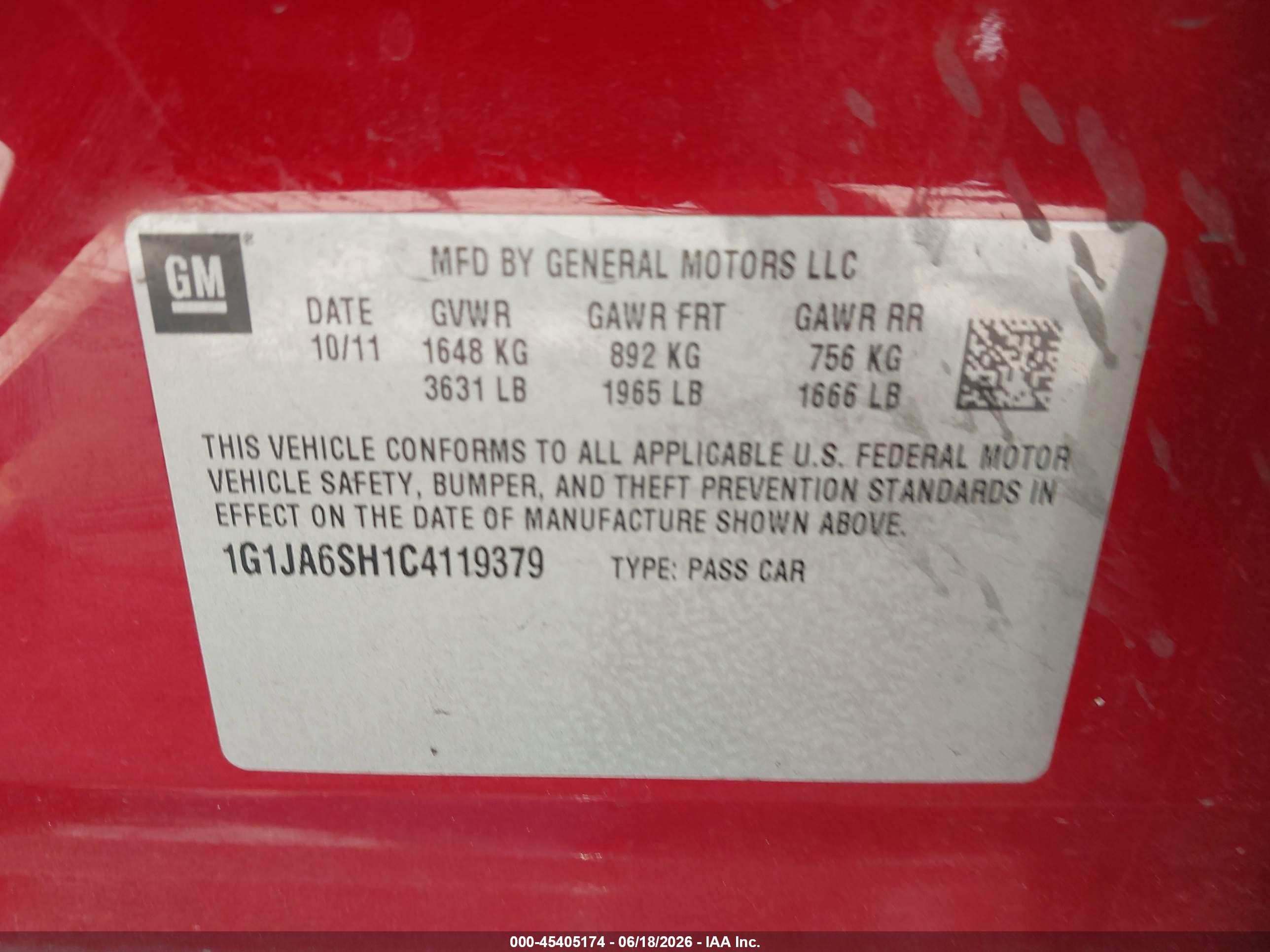 2012 Chevrolet Sonic 2ls Red vin: 1G1JA6SH1C4119379