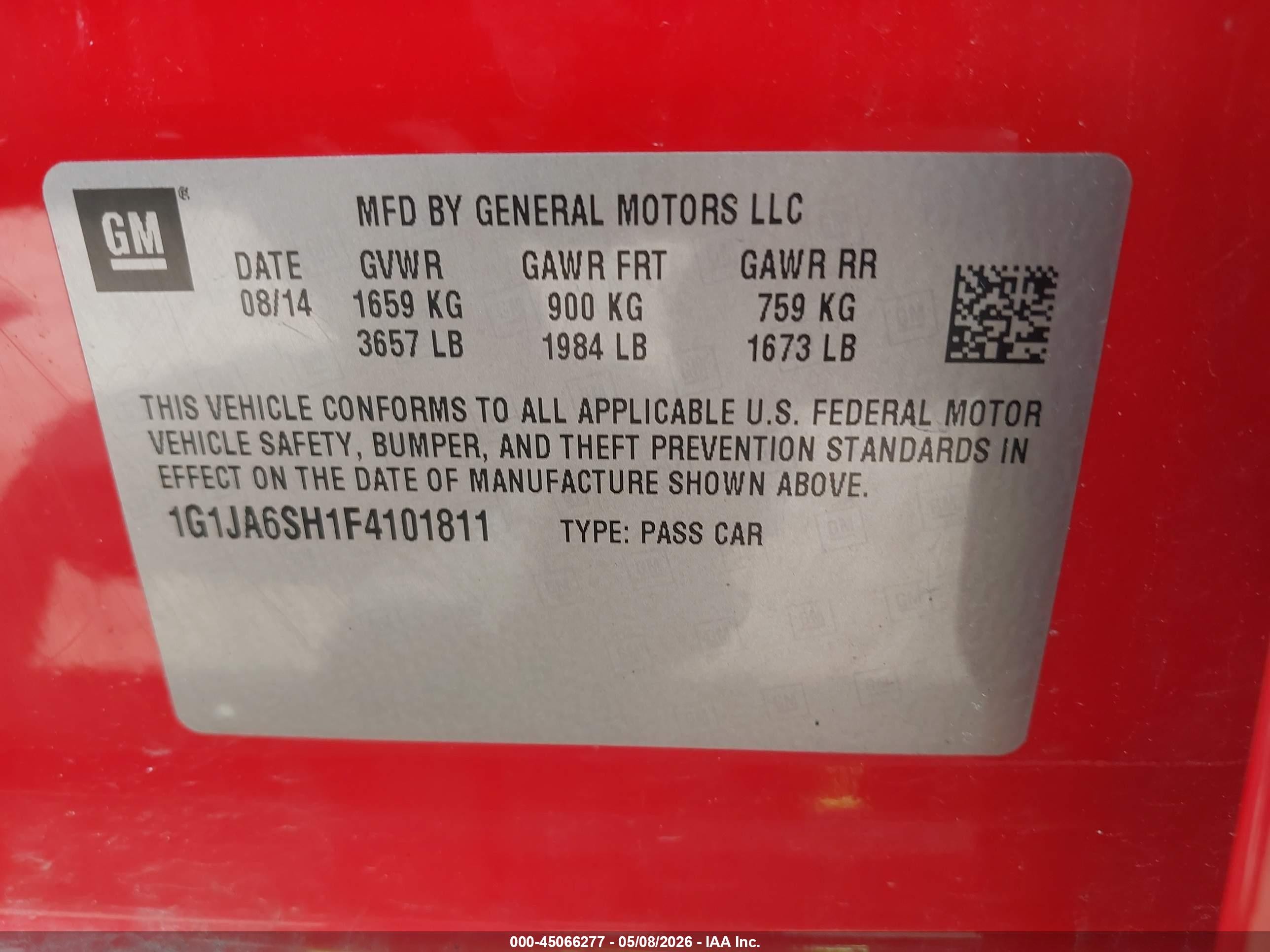 2015 Chevrolet Sonic Ls Auto Red vin: 1G1JA6SH1F4101811