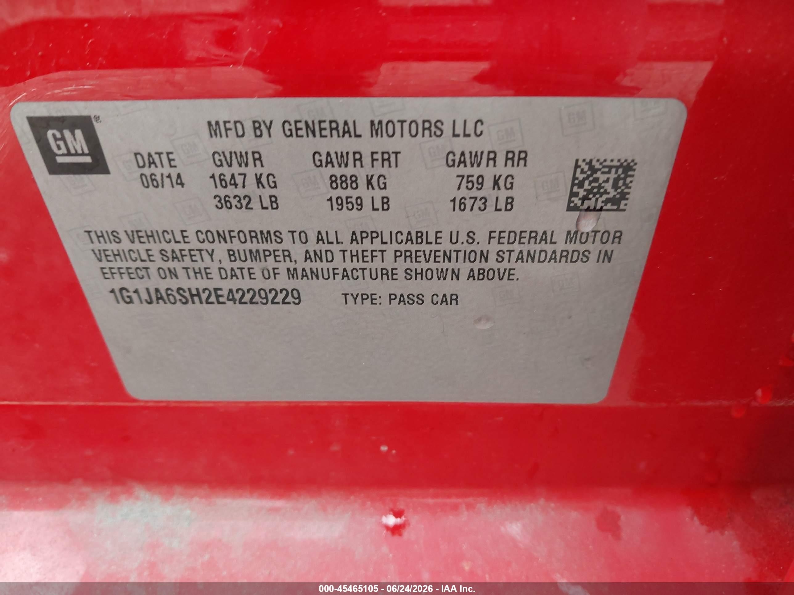 2014 Chevrolet Sonic Ls Auto Red vin: 1G1JA6SH2E4229229