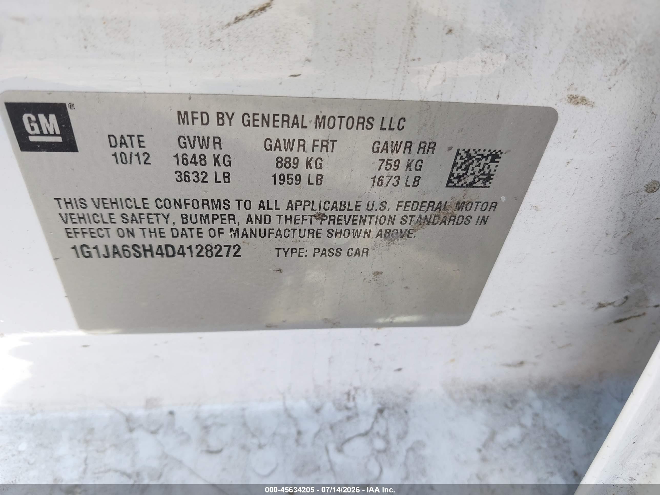 2013 Chevrolet Sonic Ls Auto Белый vin: 1G1JA6SH4D4128272
