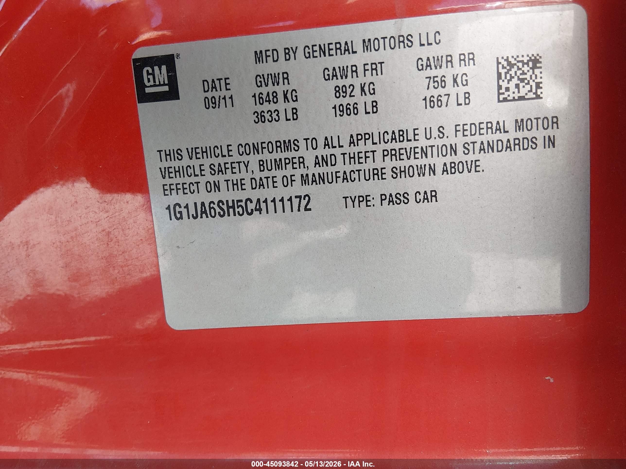2012 Chevrolet Sonic 2ls Orange vin: 1G1JA6SH5C4111172
