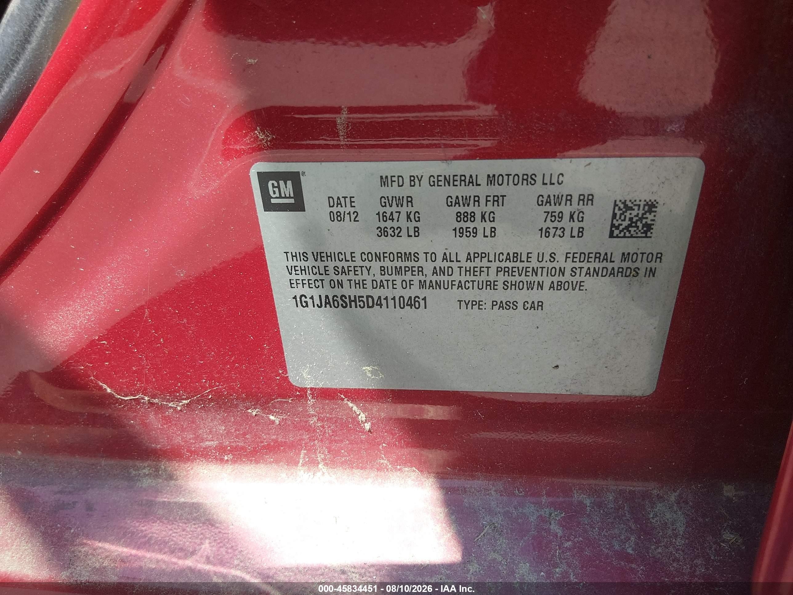 2013 Chevrolet Sonic Ls Auto Red vin: 1G1JA6SH5D4110461
