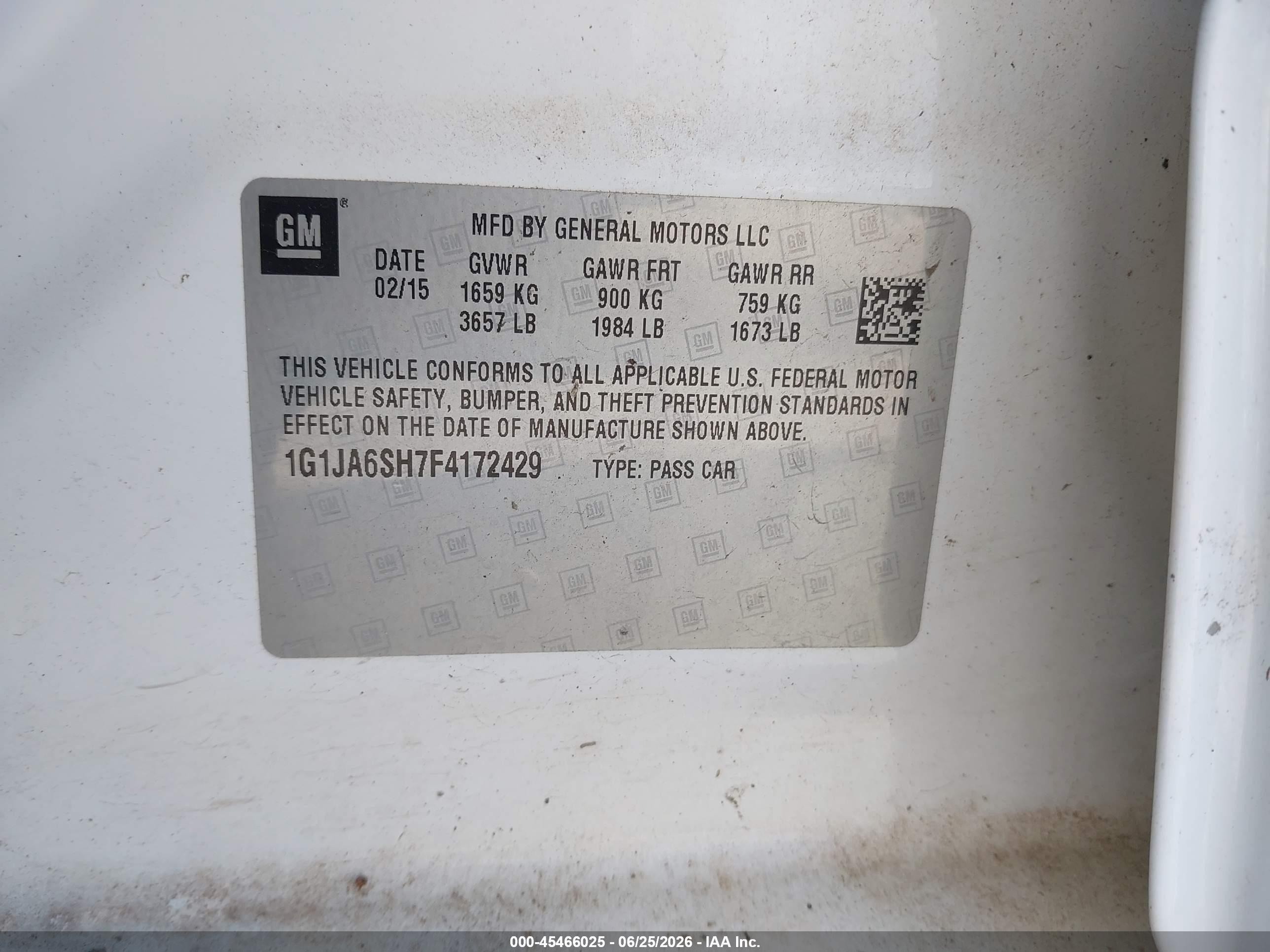 2015 Chevrolet Sonic Ls Auto White vin: 1G1JA6SH7F4172429