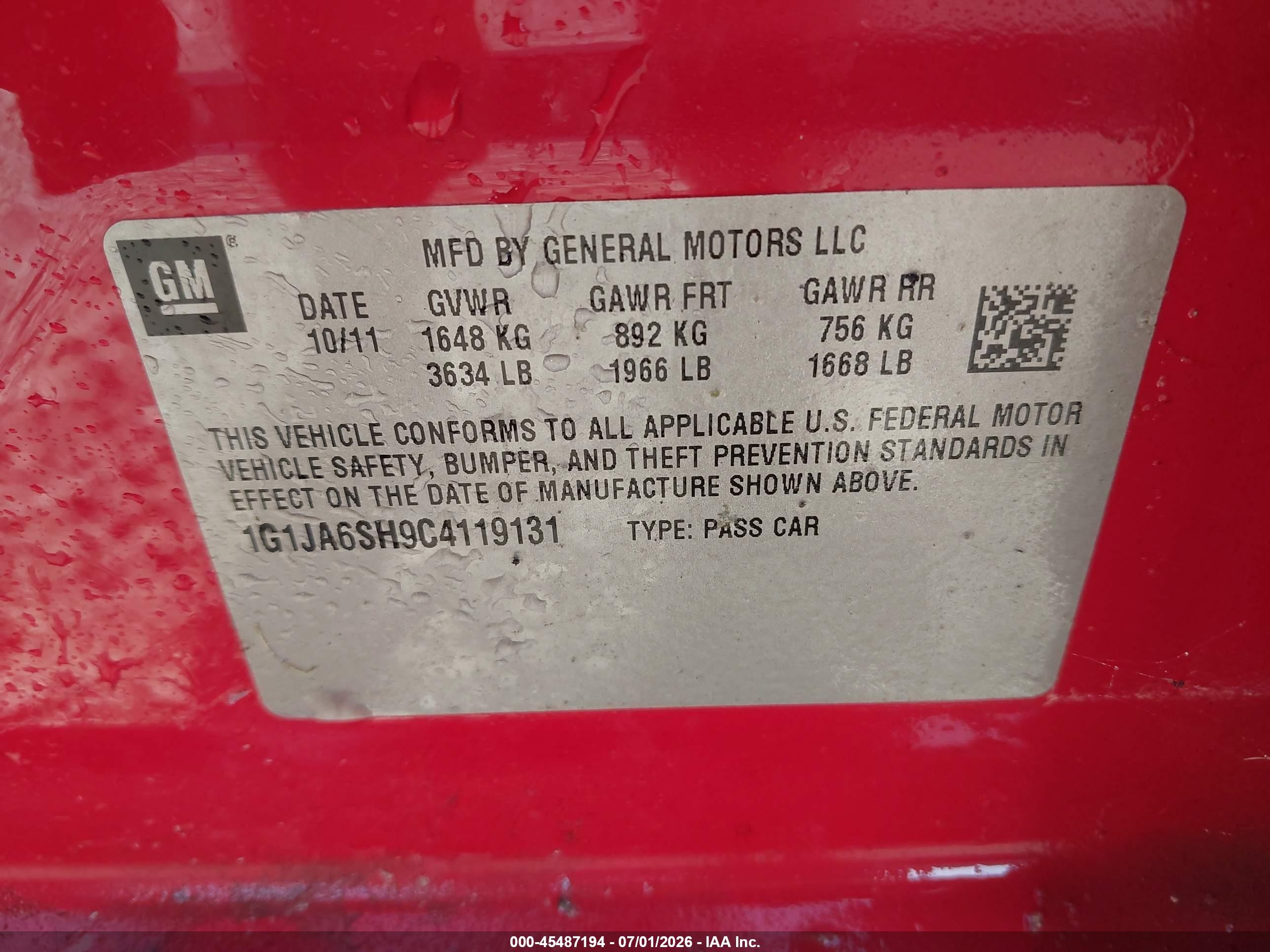 2012 Chevrolet Sonic 2ls Красный vin: 1G1JA6SH9C4119131