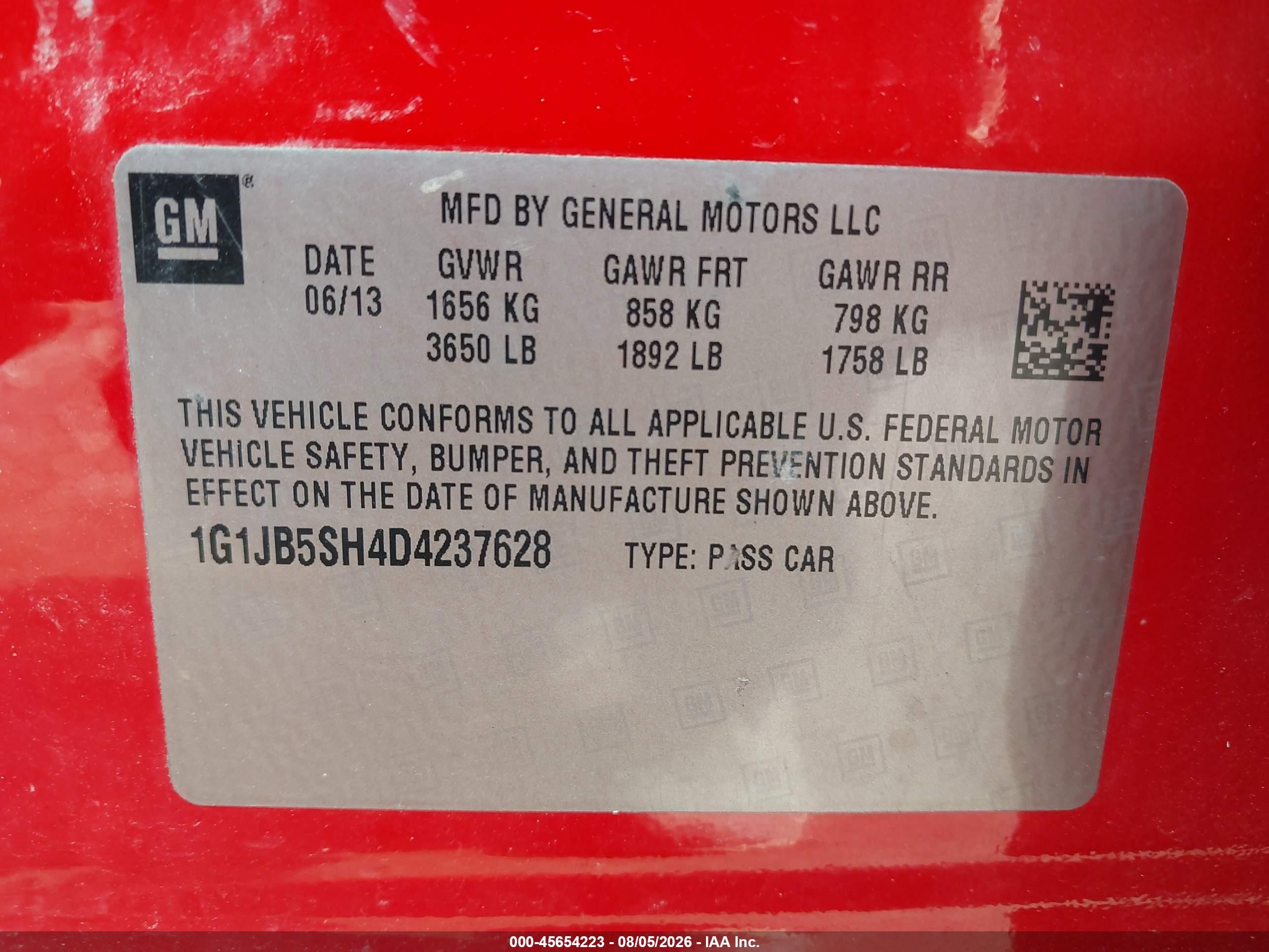2013 Chevrolet Sonic Ls Manual Красный vin: 1G1JB5SH4D4237628