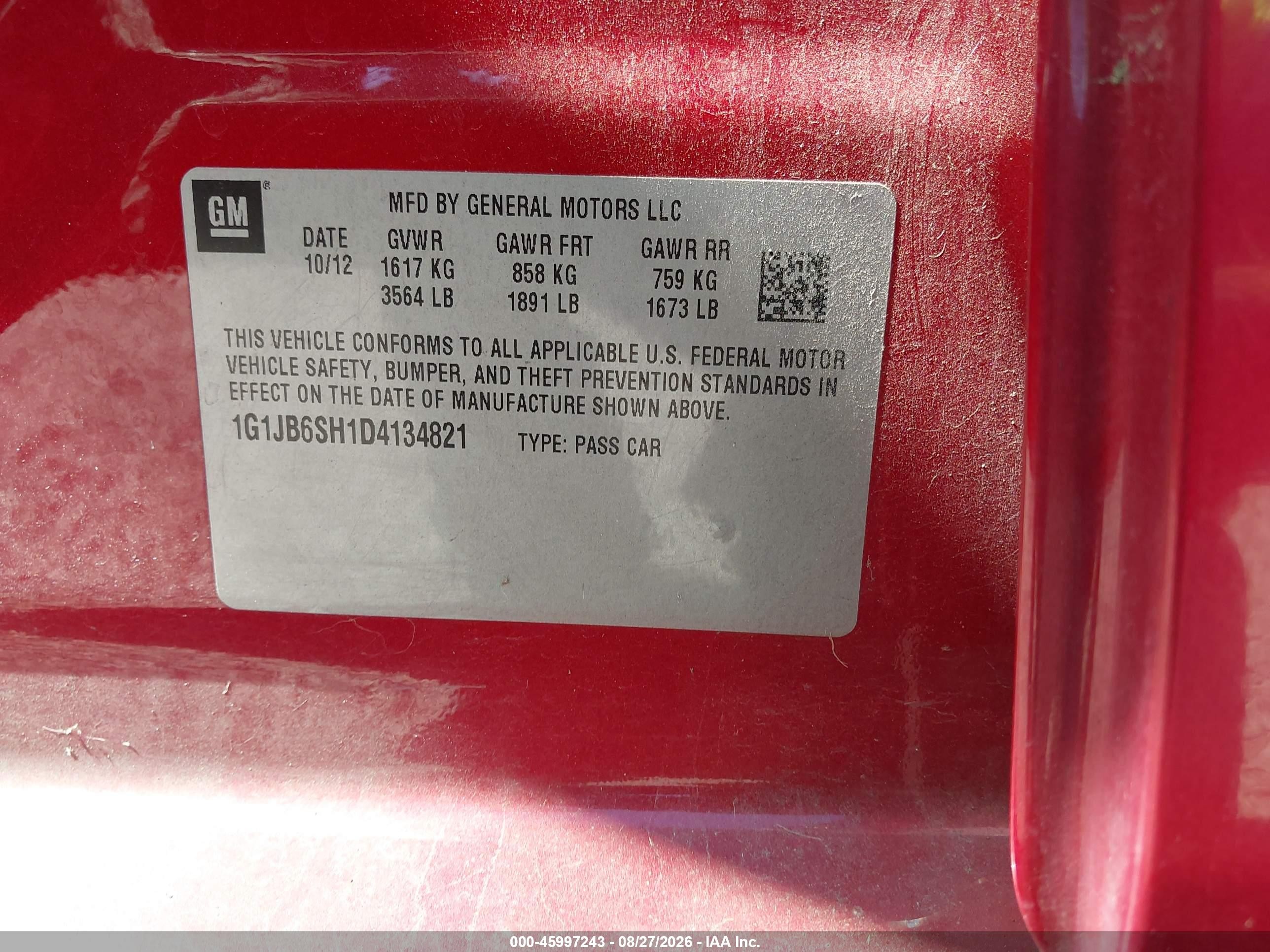 2013 Chevrolet Sonic Ls Manual Red vin: 1G1JB6SH1D4134821