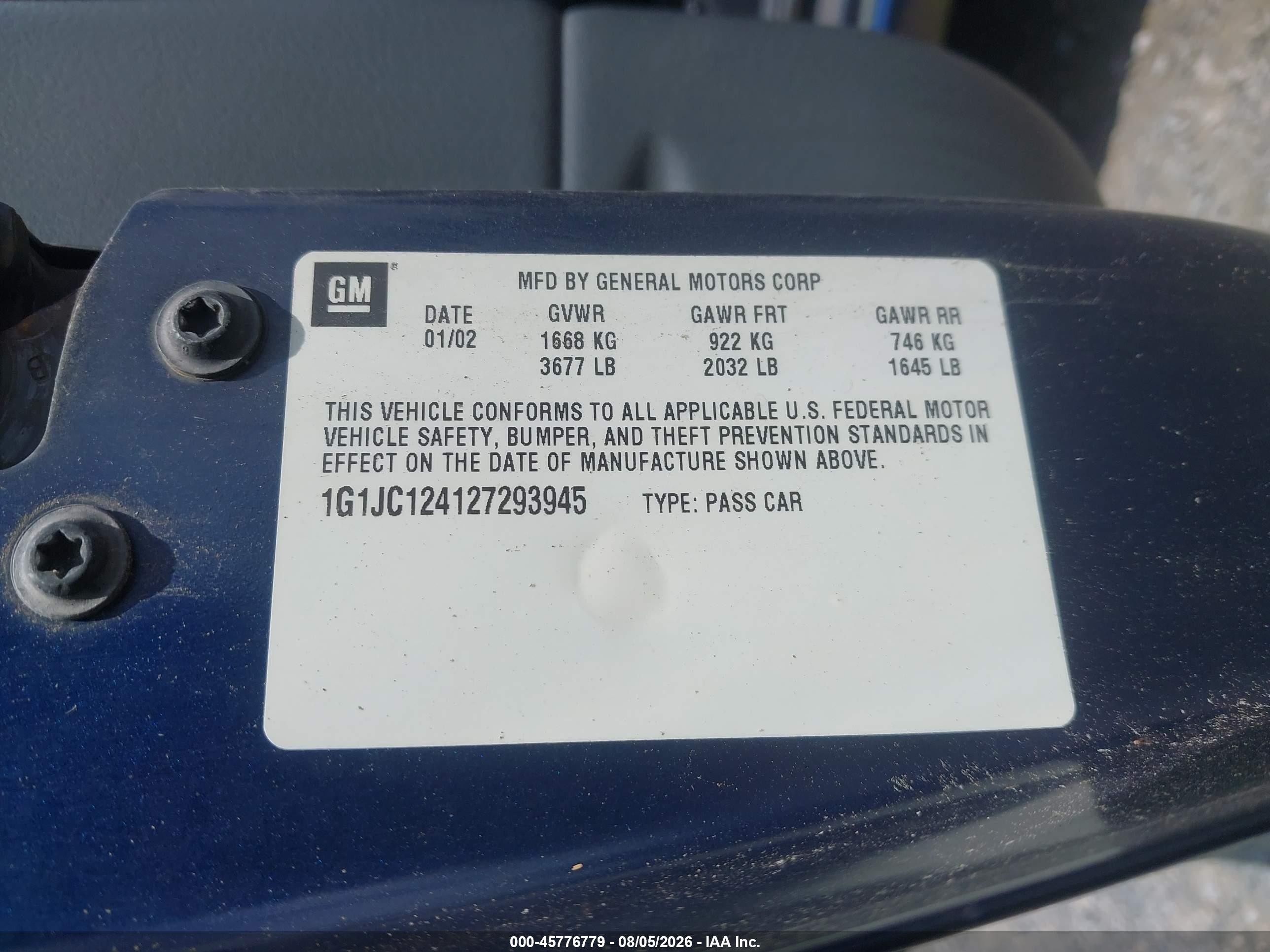 2002 Chevrolet Cavalier   Blue vin: 1G1JC124127293945