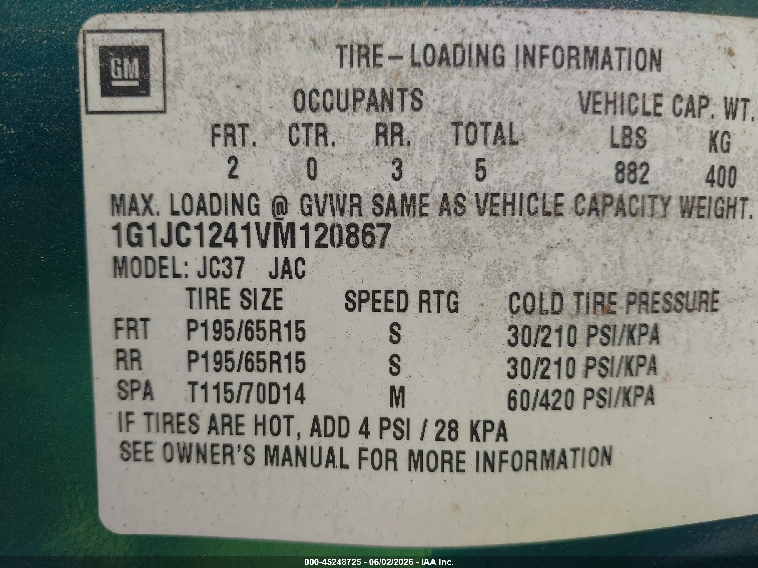 1997 Chevrolet Cavalier   Green vin: 1G1JC1241VM120867