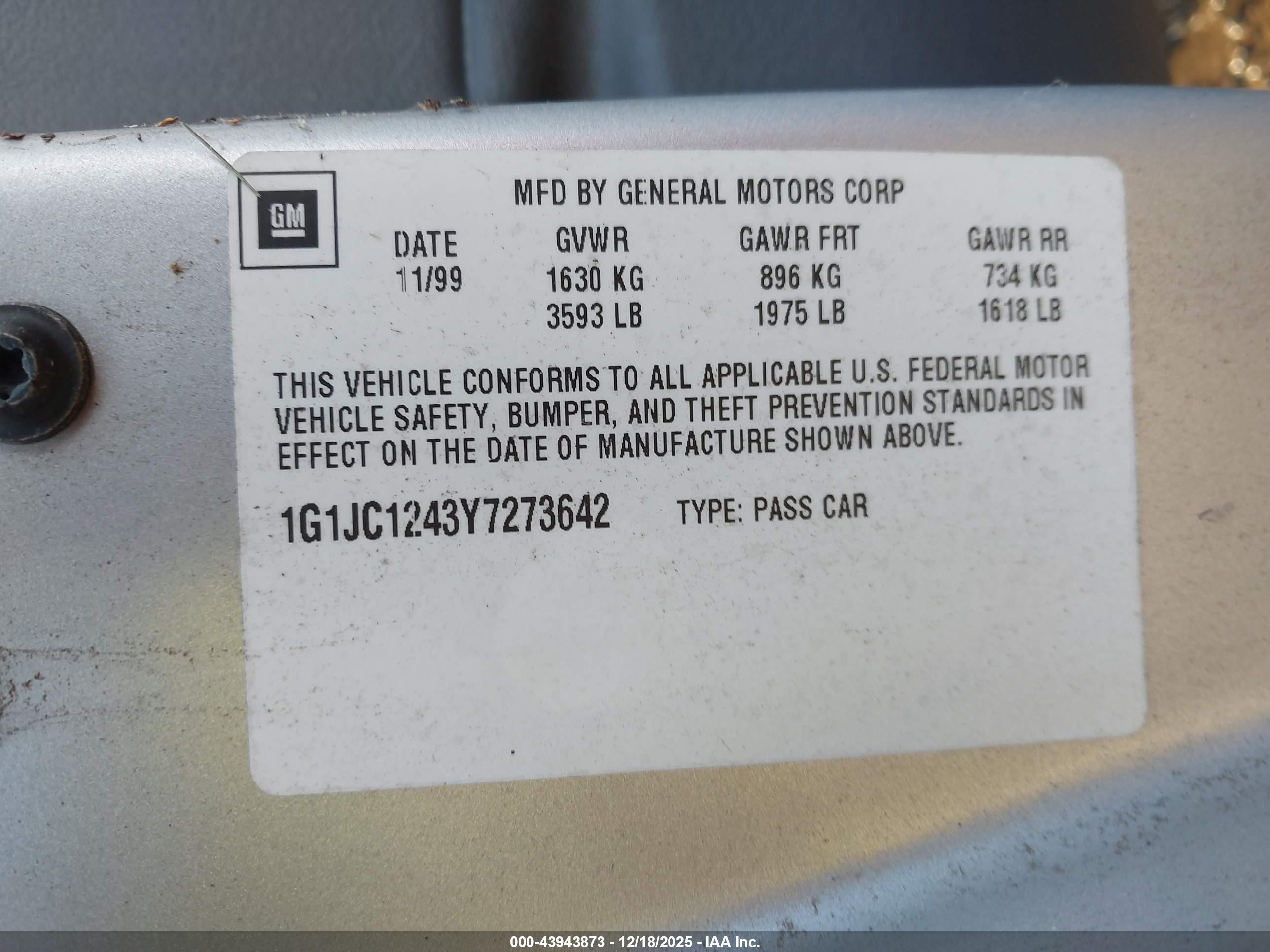 2000 Chevrolet Cavalier   Белый vin: 1G1JC1243Y7273642