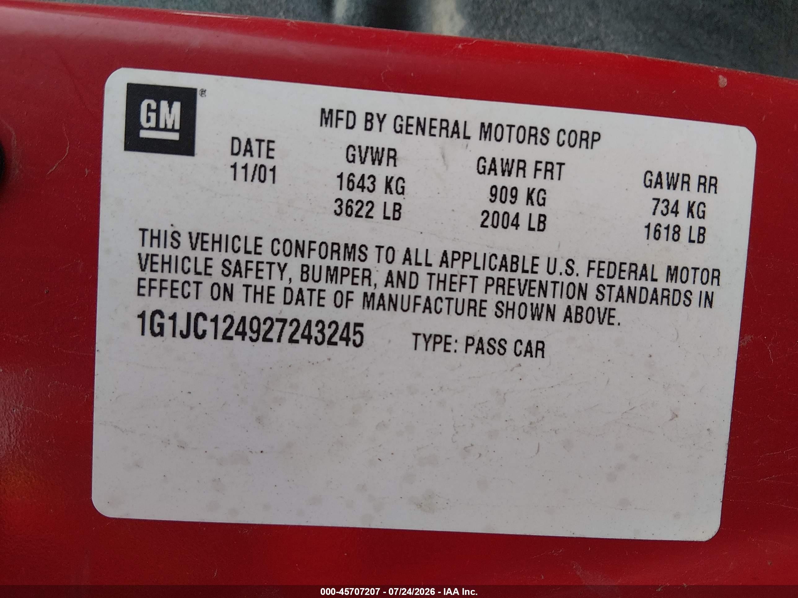 2002 Chevrolet Cavalier   Красный vin: 1G1JC124927243245