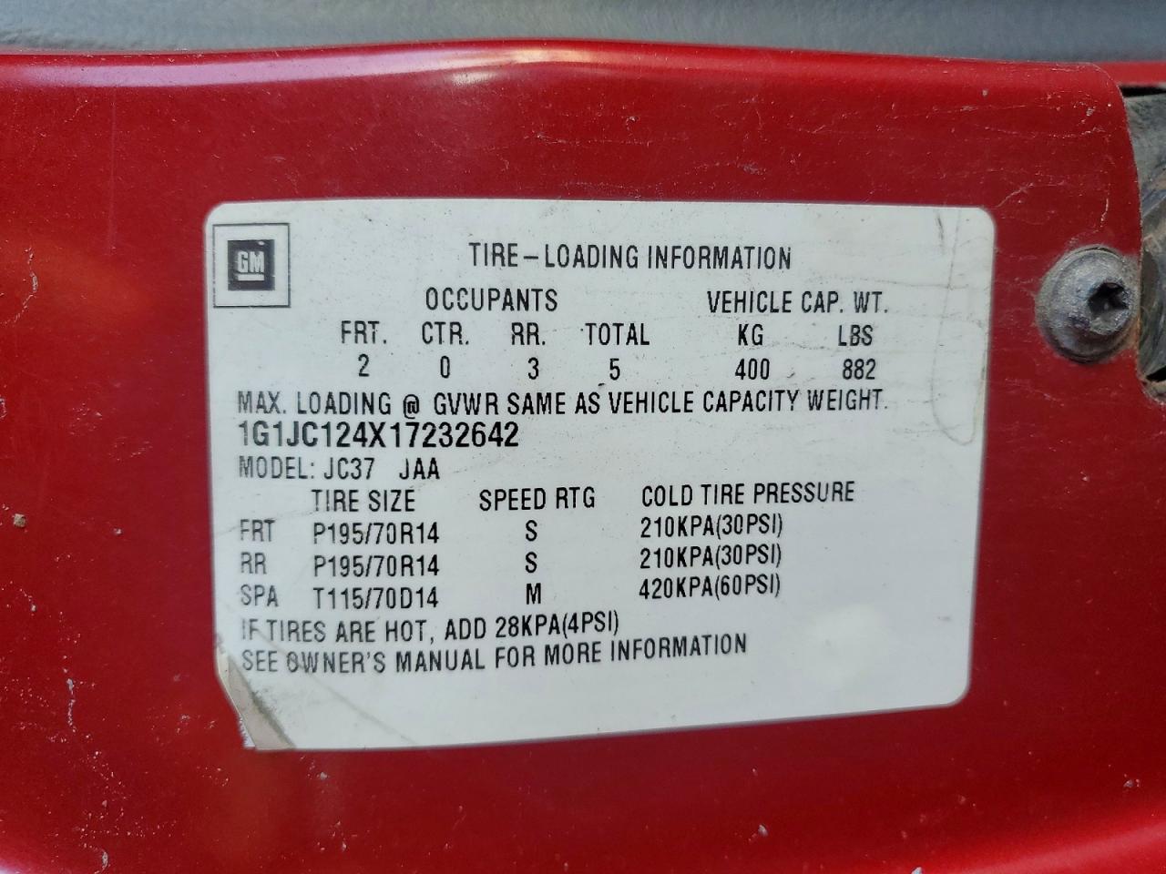 2001 Chevrolet Cavalier Burgundy vin: 1G1JC124X17232642