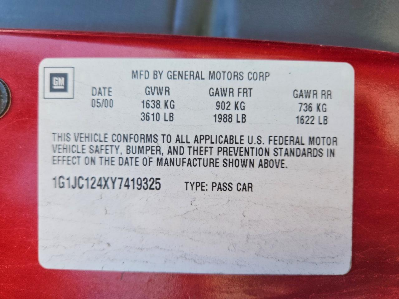 2000 Chevrolet Cavalier Бордовый vin: 1G1JC124XY7419325