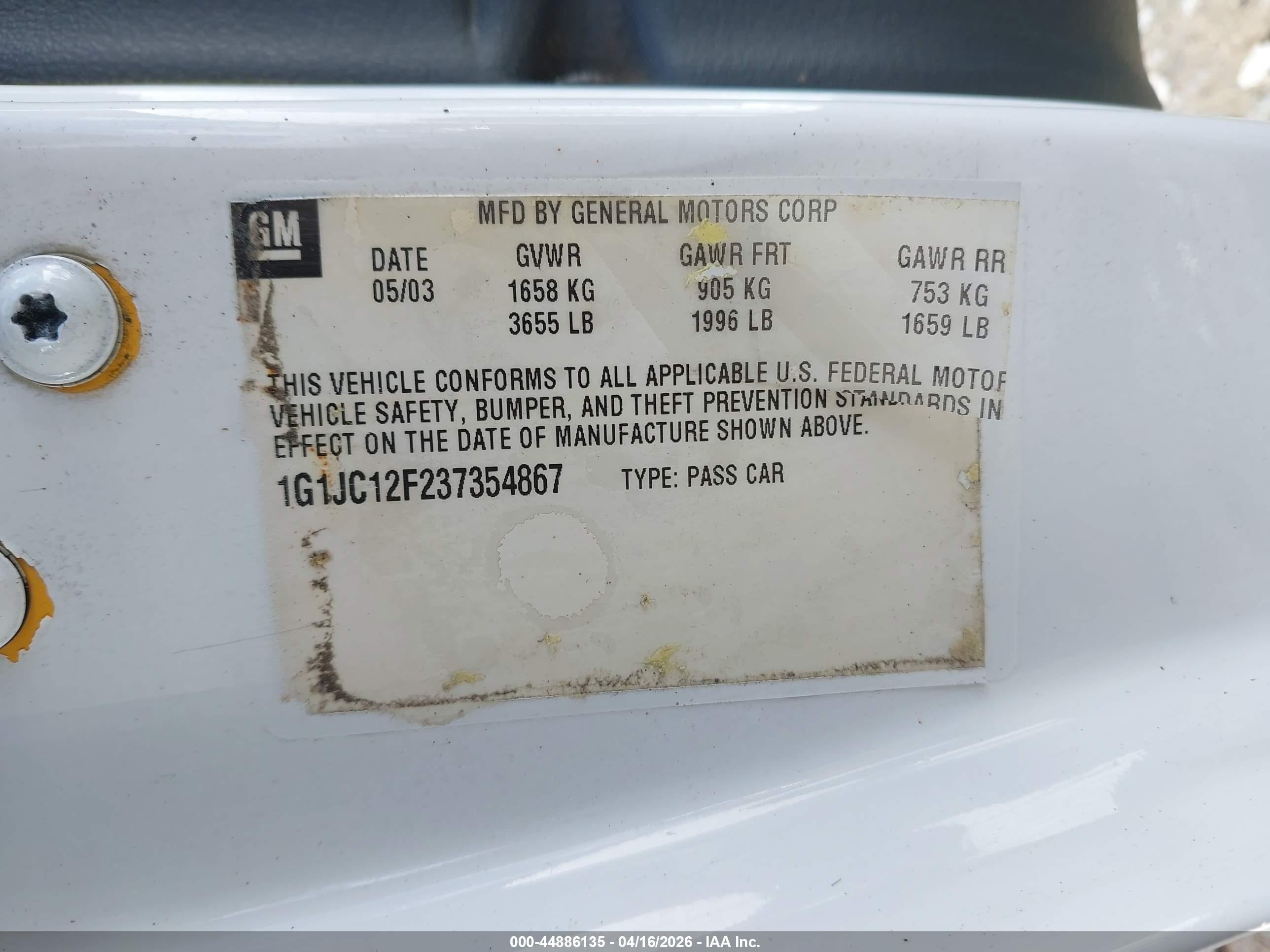 2003 Chevrolet Cavalier   White vin: 1G1JC12F237354867