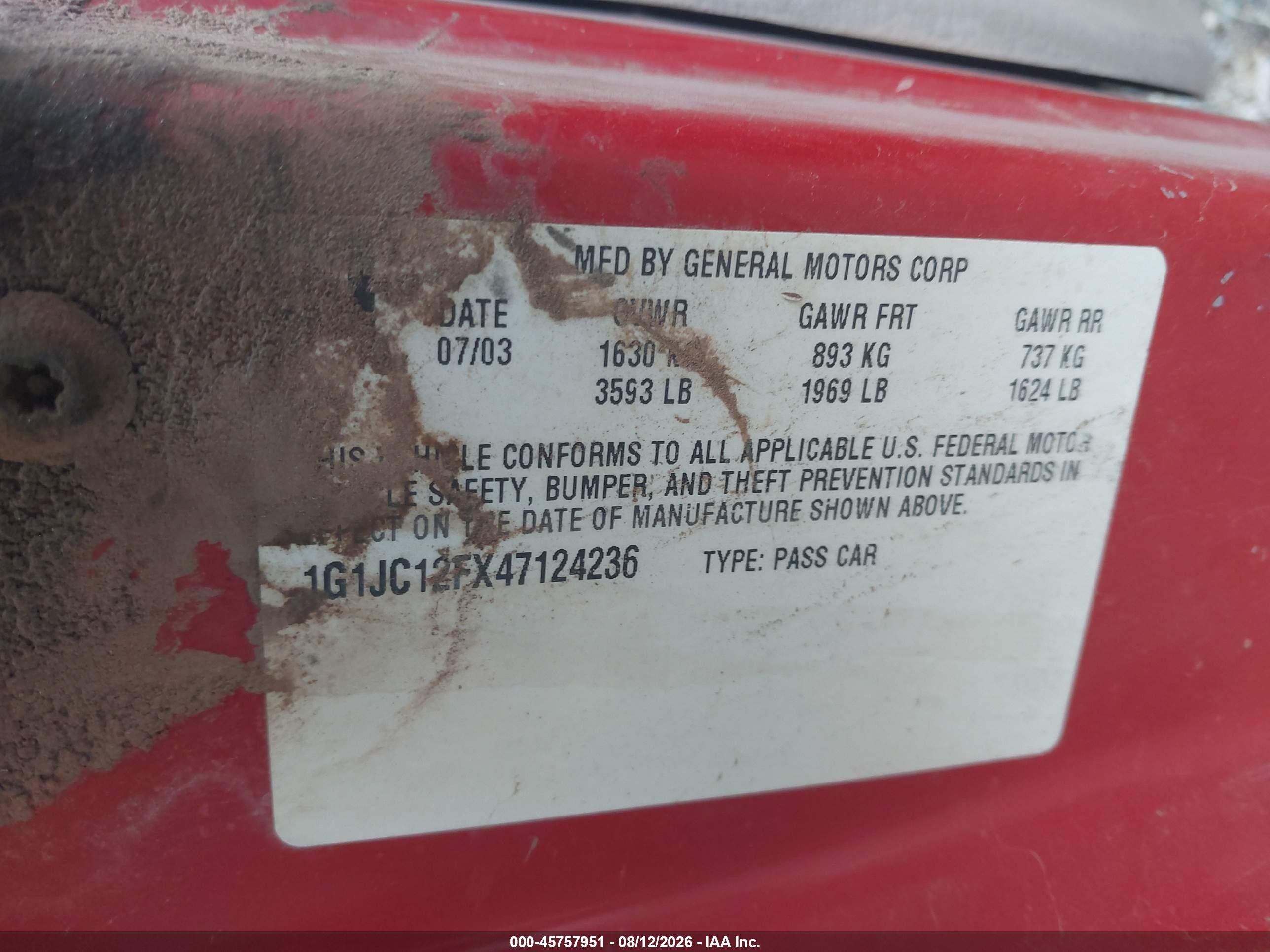 2004 Chevrolet Cavalier   Red vin: 1G1JC12FX47124236