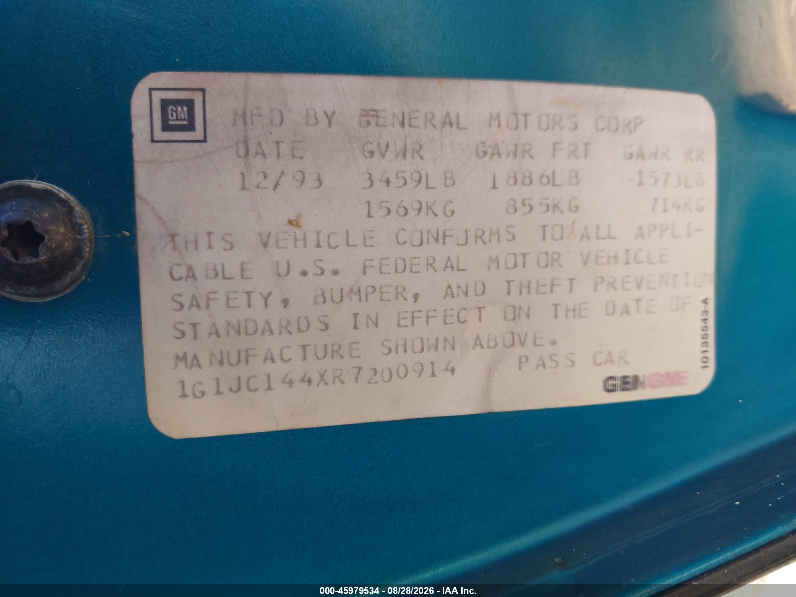 1994 Chevrolet Cavalier Vl/rs Turquoise vin: 1G1JC144XR7200914
