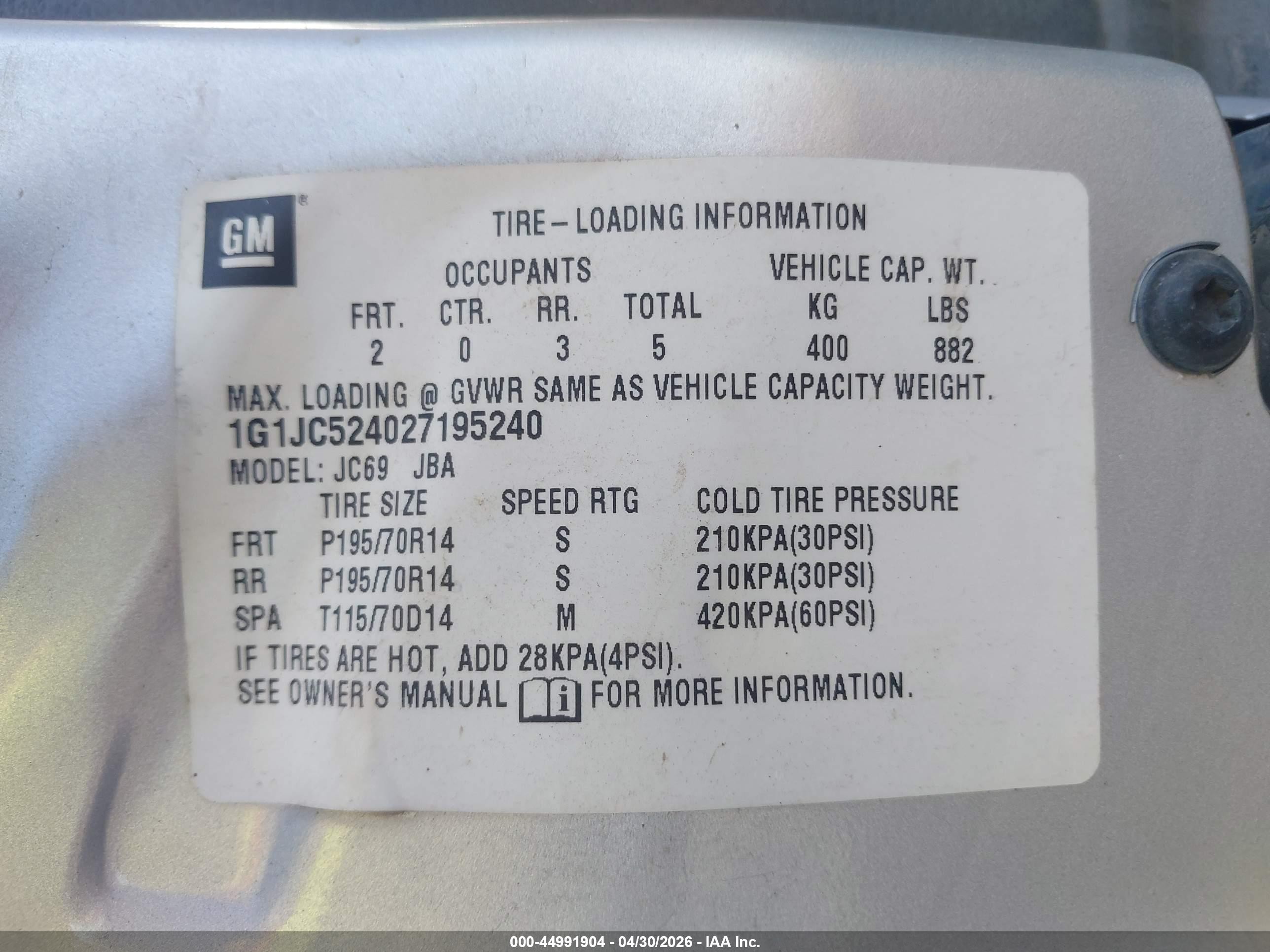 2002 Chevrolet Cavalier   Silver vin: 1G1JC524027195240