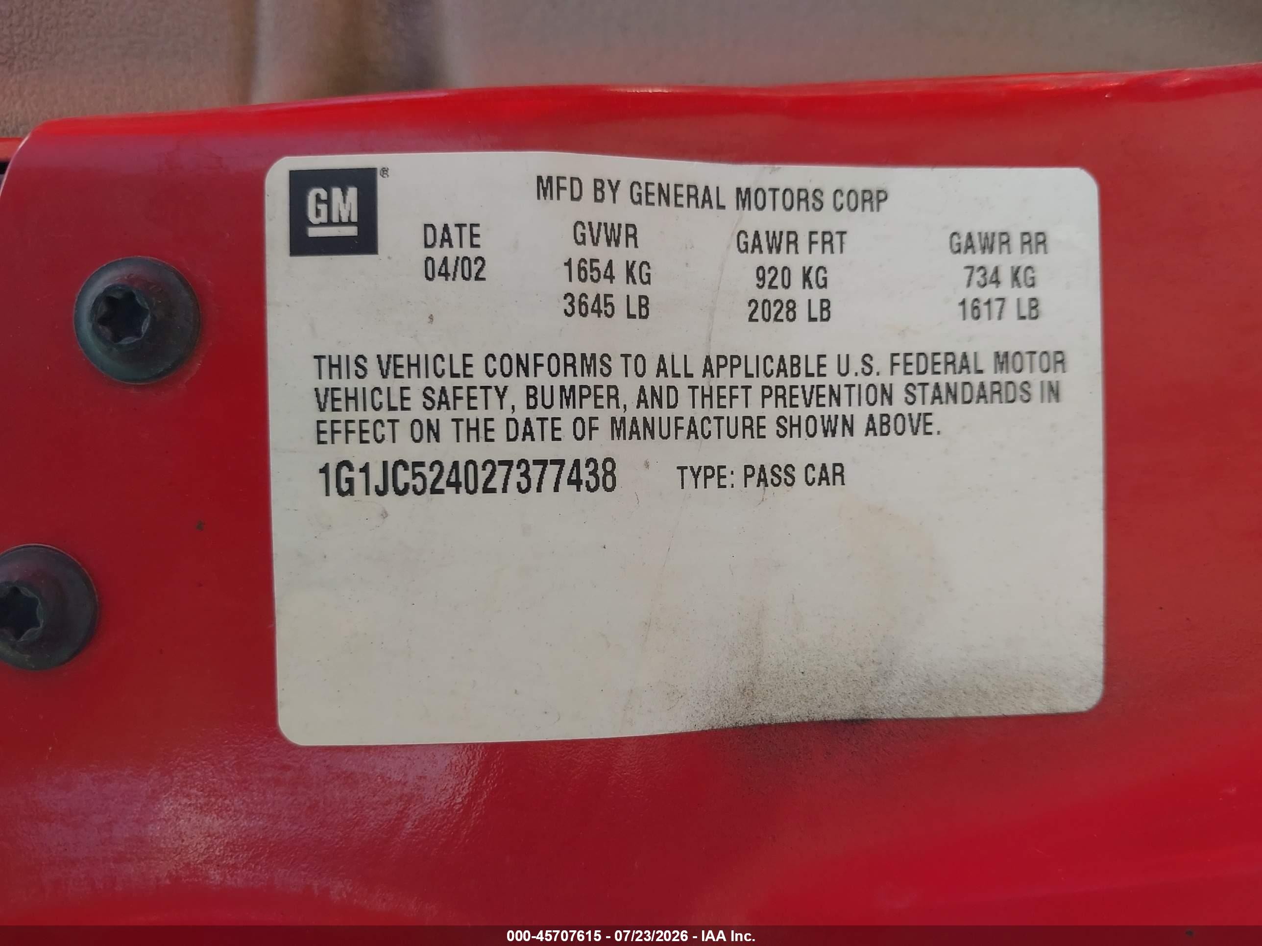 2002 Chevrolet Cavalier   Красный vin: 1G1JC524027377438