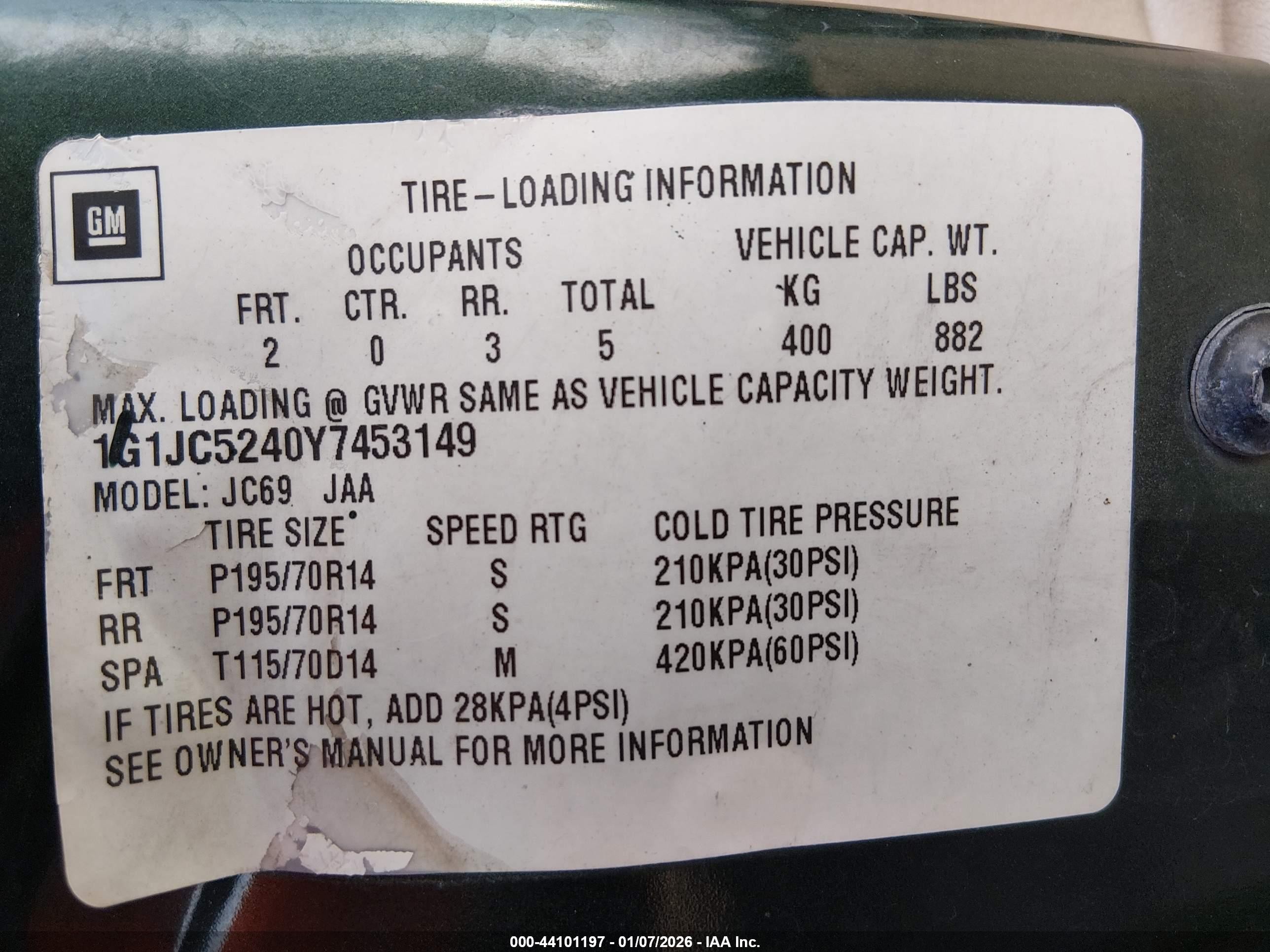 2000 Chevrolet Cavalier   Green vin: 1G1JC5240Y7453149