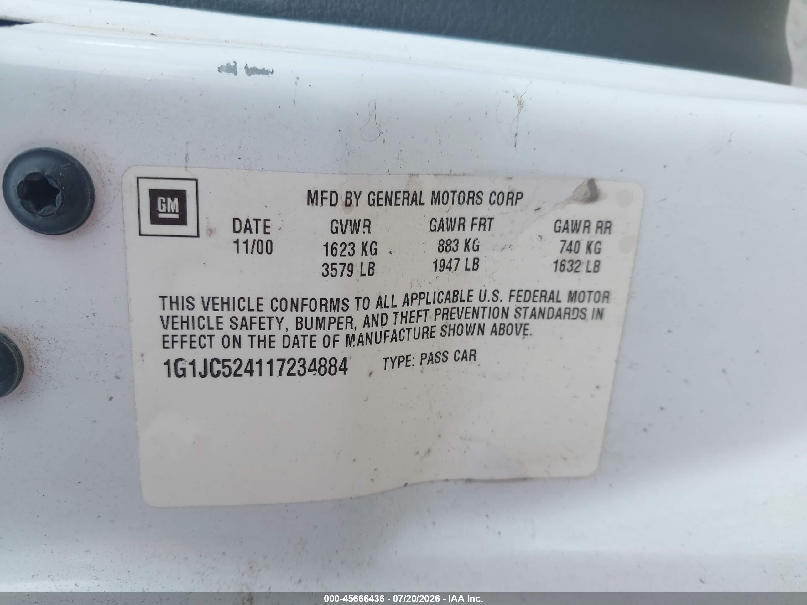 2001 Chevrolet Cavalier   White vin: 1G1JC524117234884