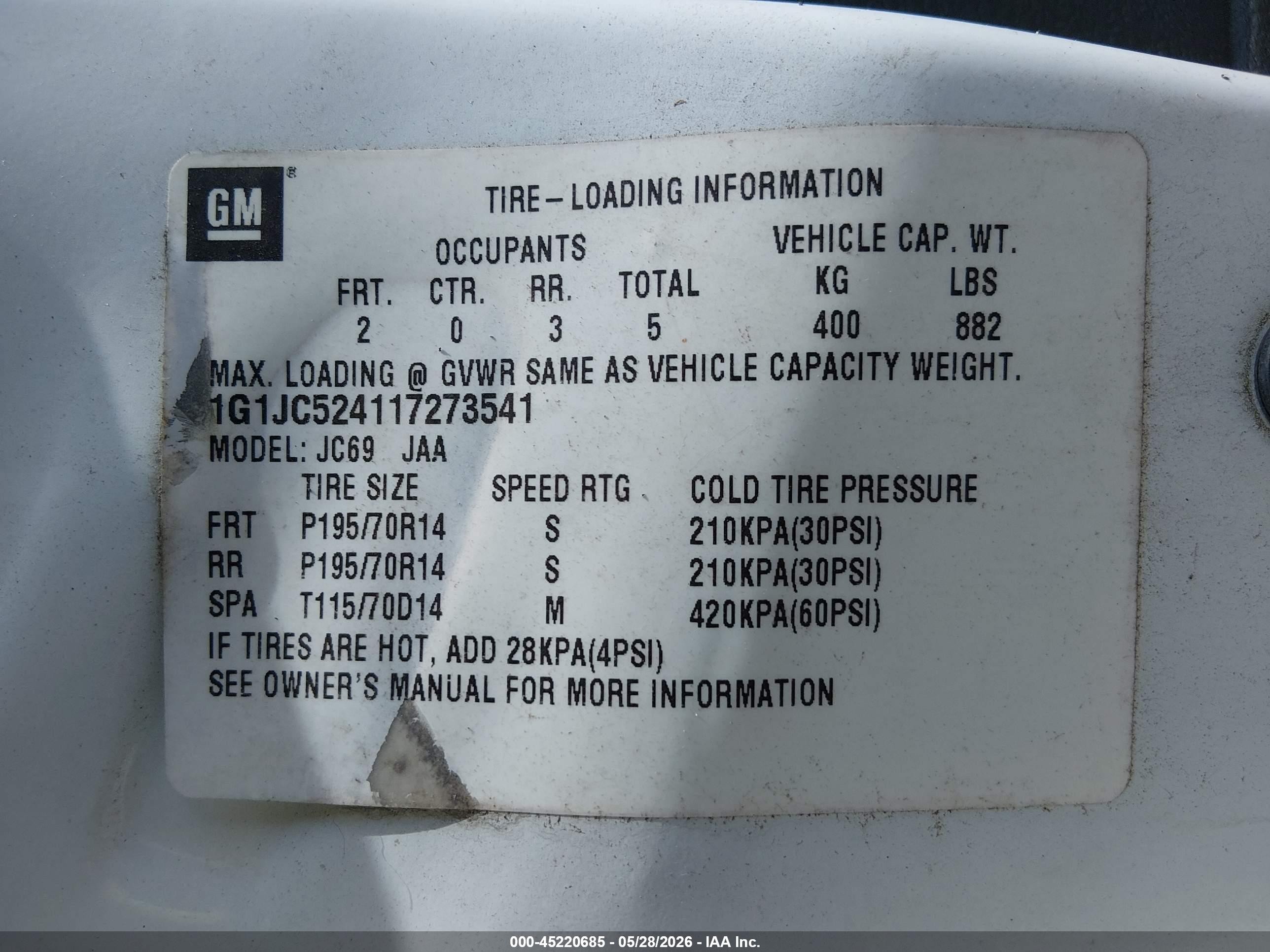 2001 Chevrolet Cavalier   White vin: 1G1JC524117273541