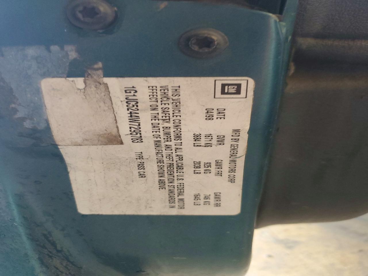 1998 Chevrolet Cavalier Green vin: 1G1JC5244W7295783