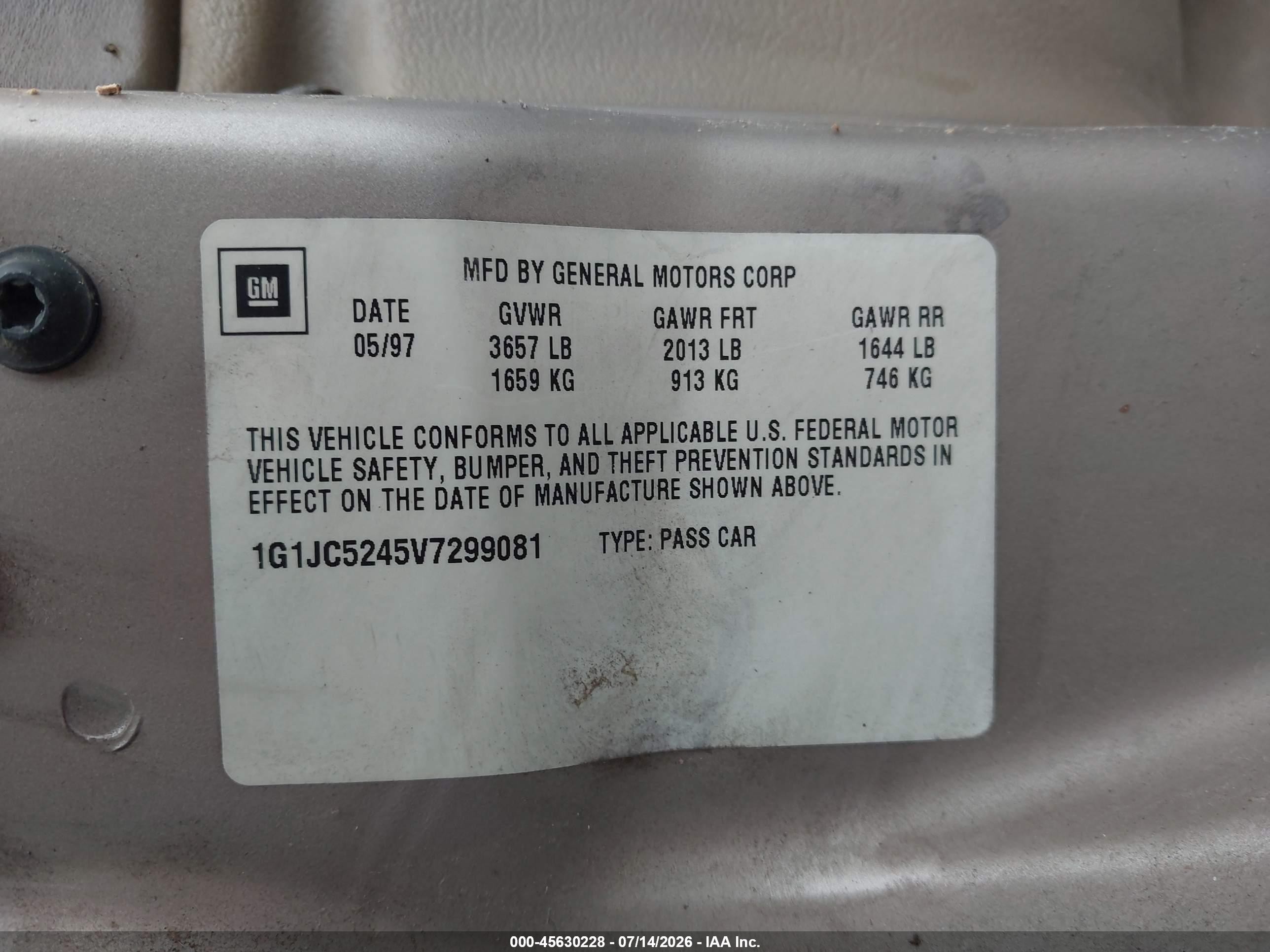 1997 Chevrolet Cavalier   Бежевый vin: 1G1JC5245V7299081
