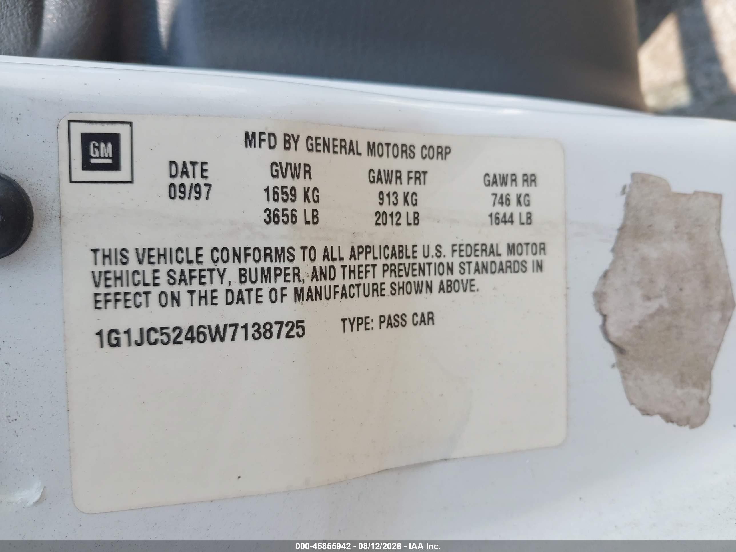 1998 Chevrolet Cavalier   White vin: 1G1JC5246W7138725