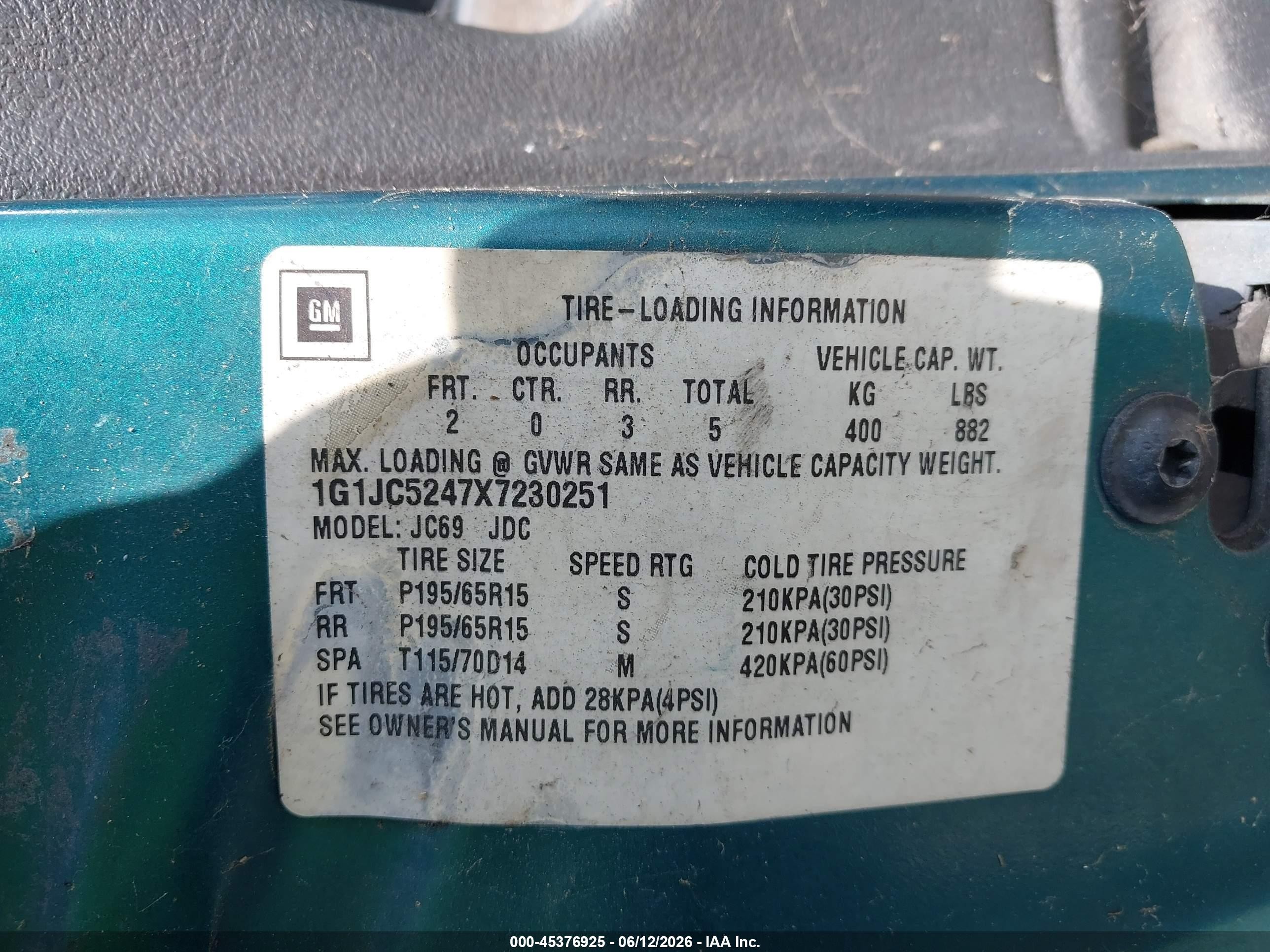 1999 Chevrolet Cavalier   Green vin: 1G1JC5247X7230251