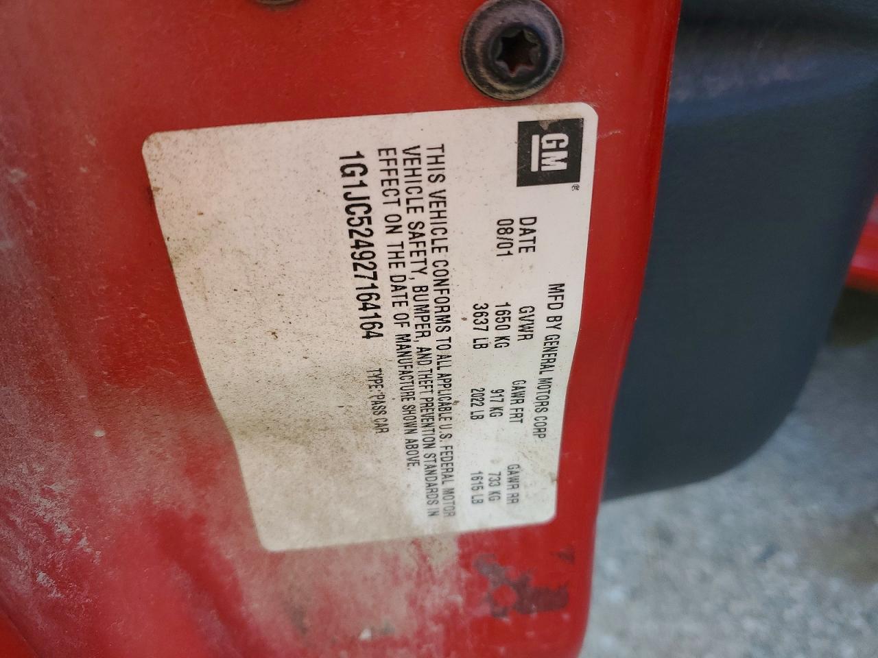 2002 Chevrolet Cavalier Base Red vin: 1G1JC524927164164