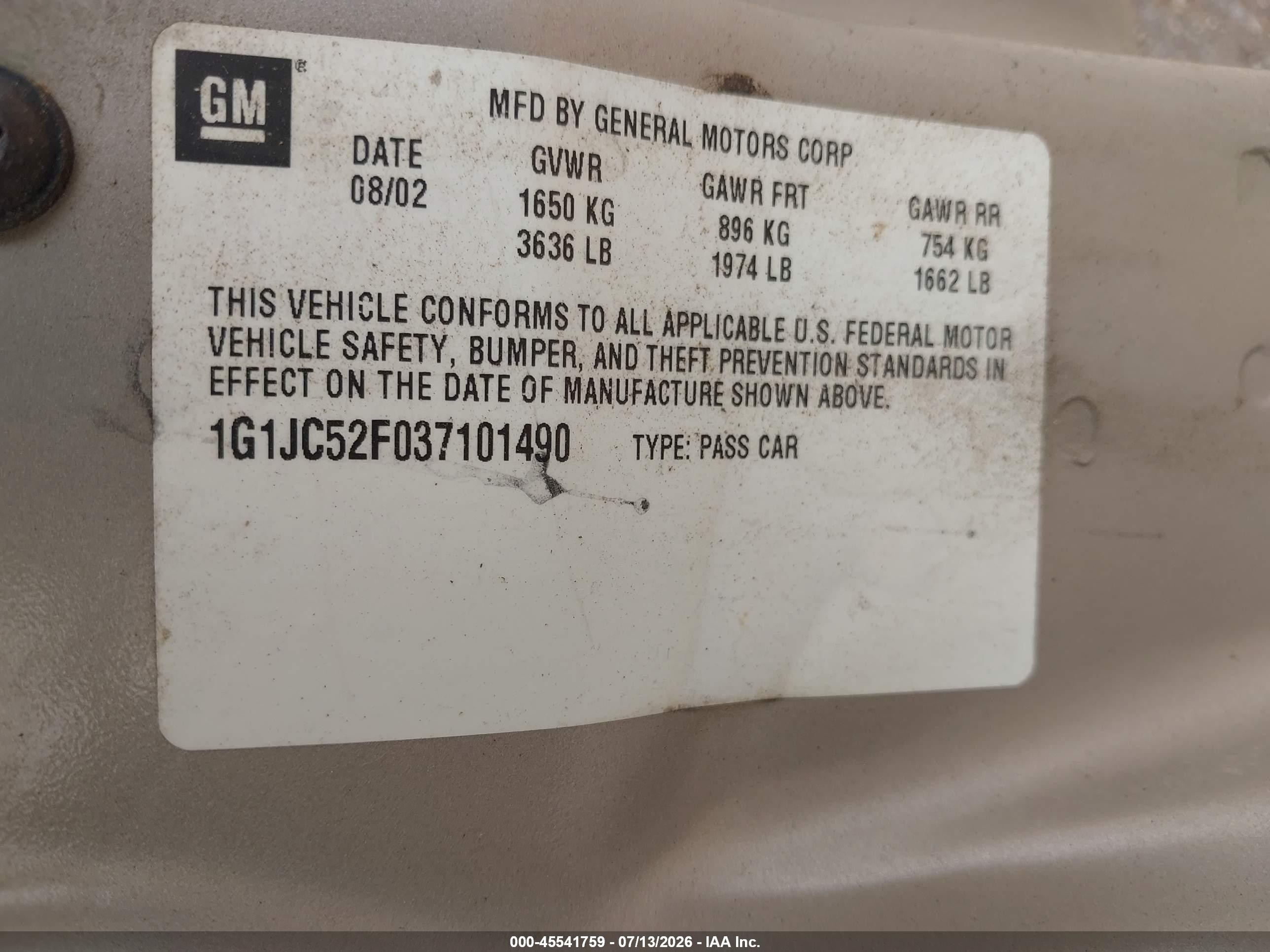 2003 Chevrolet Cavalier   Gold vin: 1G1JC52F037101490