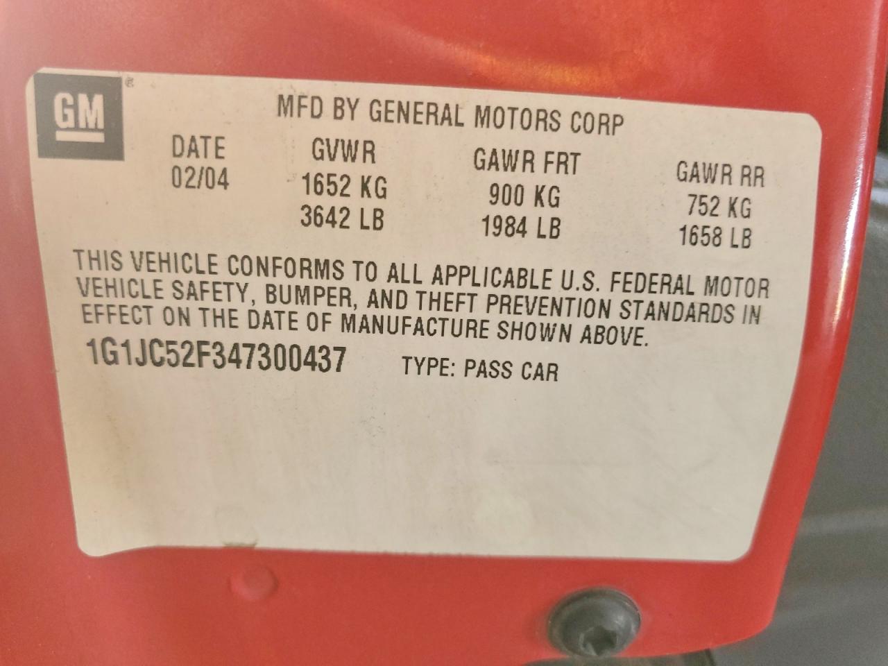 2004 Chevrolet Cavalier Red vin: 1G1JC52F347300437
