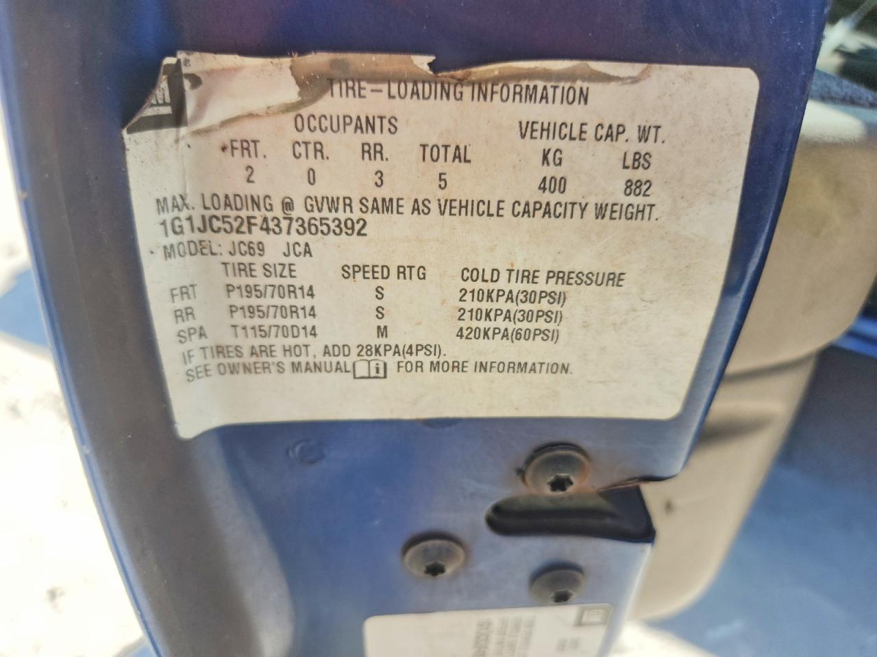 2003 Chevrolet Cavalier Blue vin: 1G1JC52F437365392