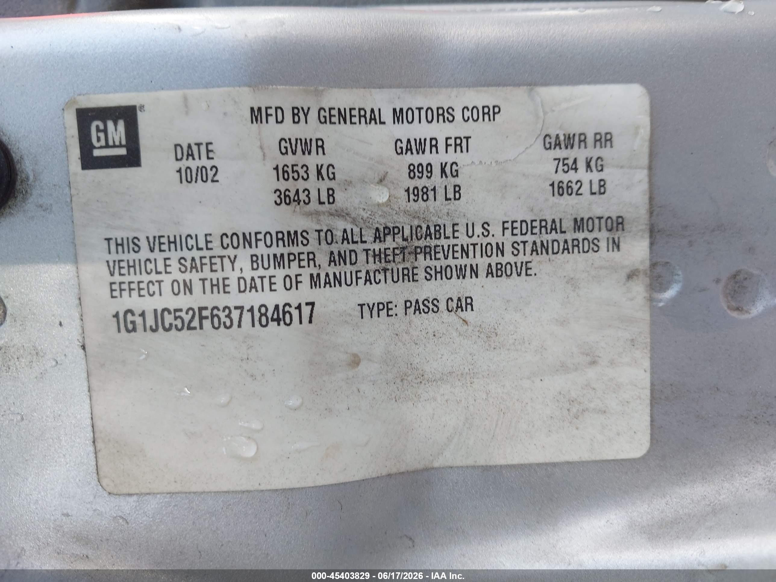 2003 Chevrolet Cavalier   White vin: 1G1JC52F637184617