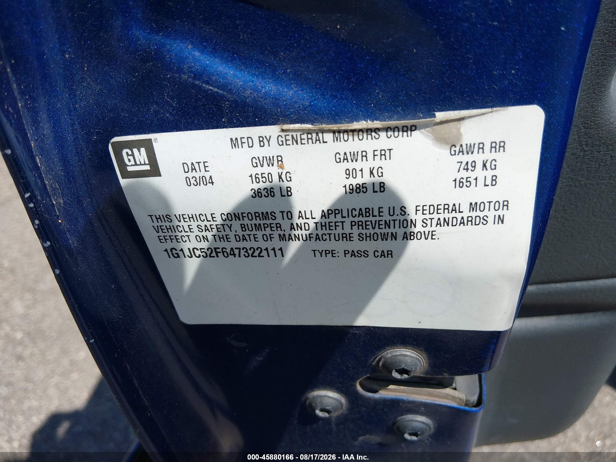2004 Chevrolet Cavalier   Blue vin: 1G1JC52F647322111