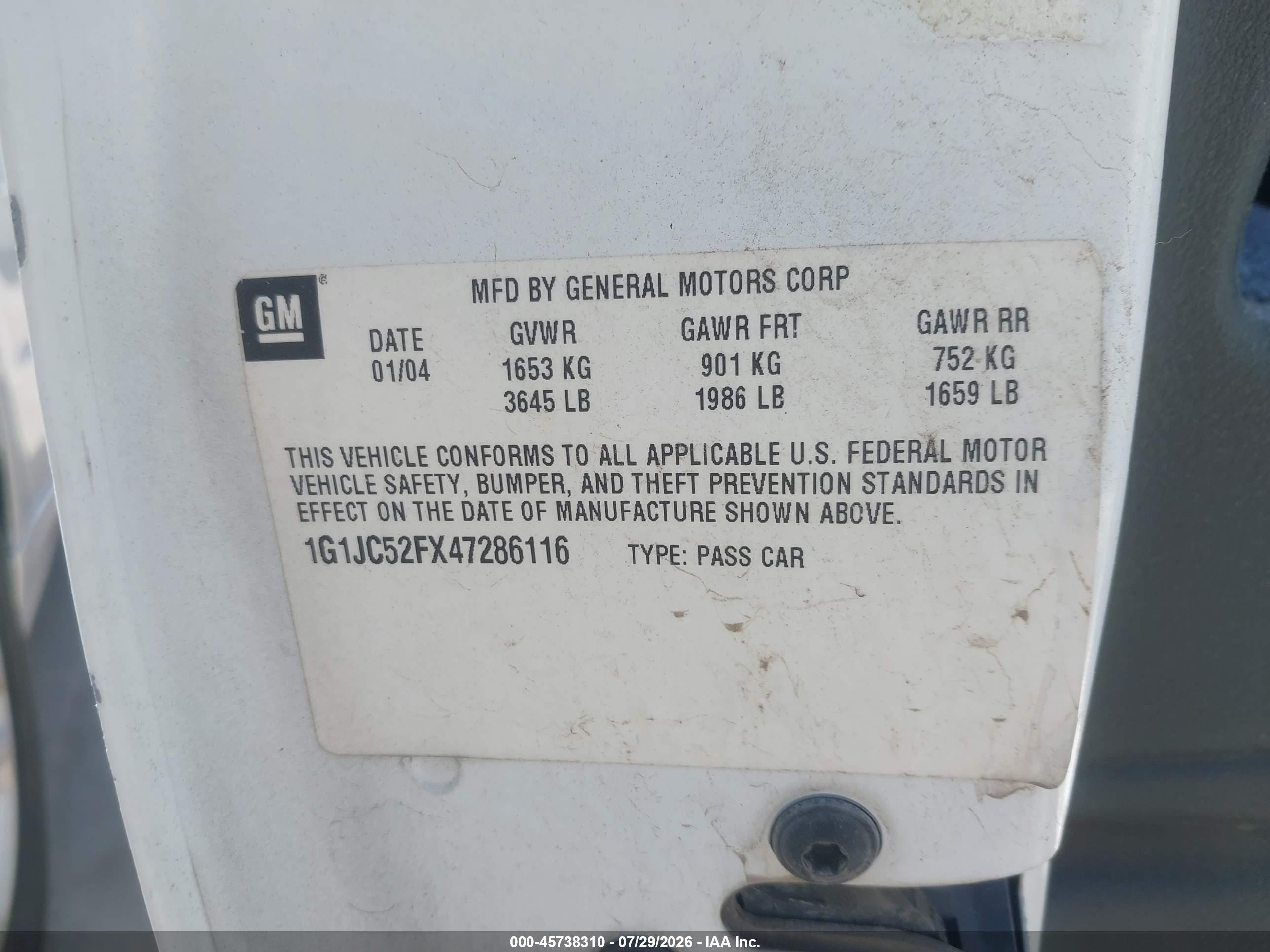 2004 Chevrolet Cavalier   White vin: 1G1JC52FX47286116