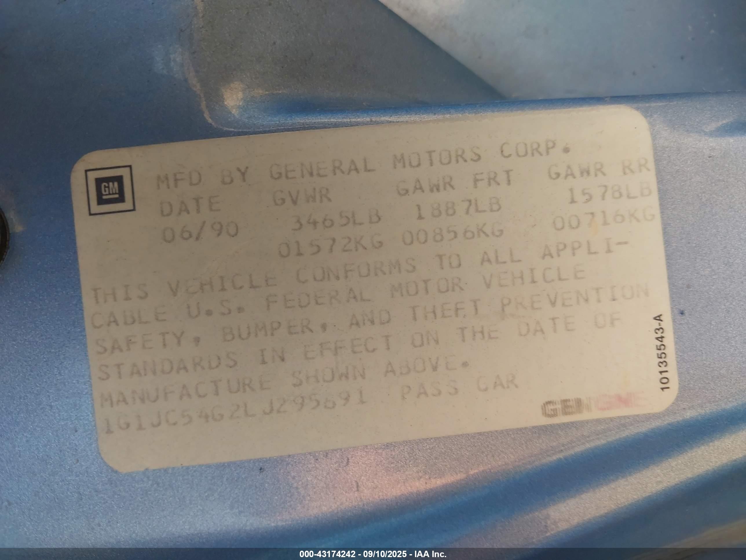 1990 Chevrolet Cavalier Vl Blue vin: 1G1JC54G2LJ295691