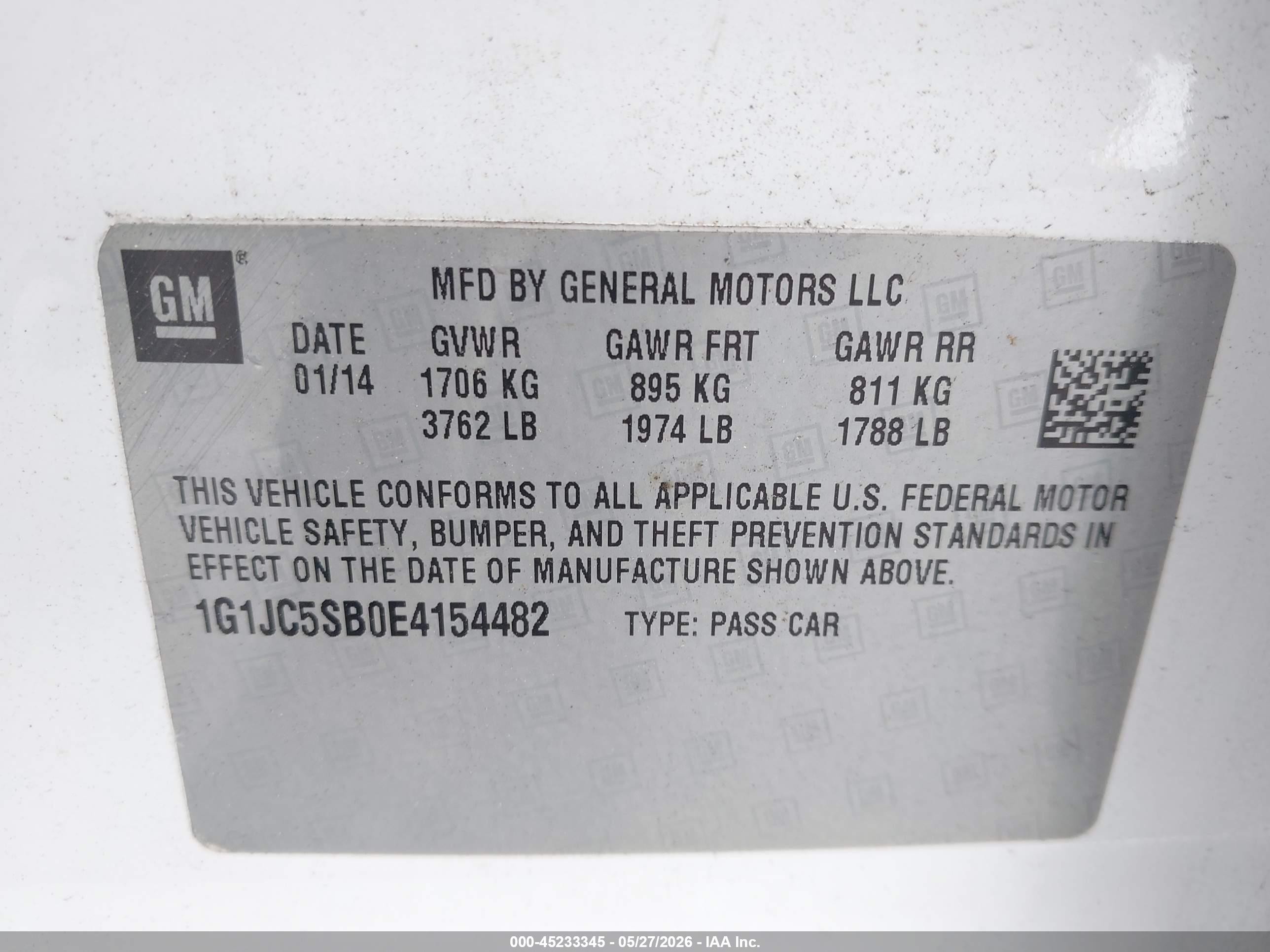2014 Chevrolet Sonic Lt Auto White vin: 1G1JC5SB0E4154482