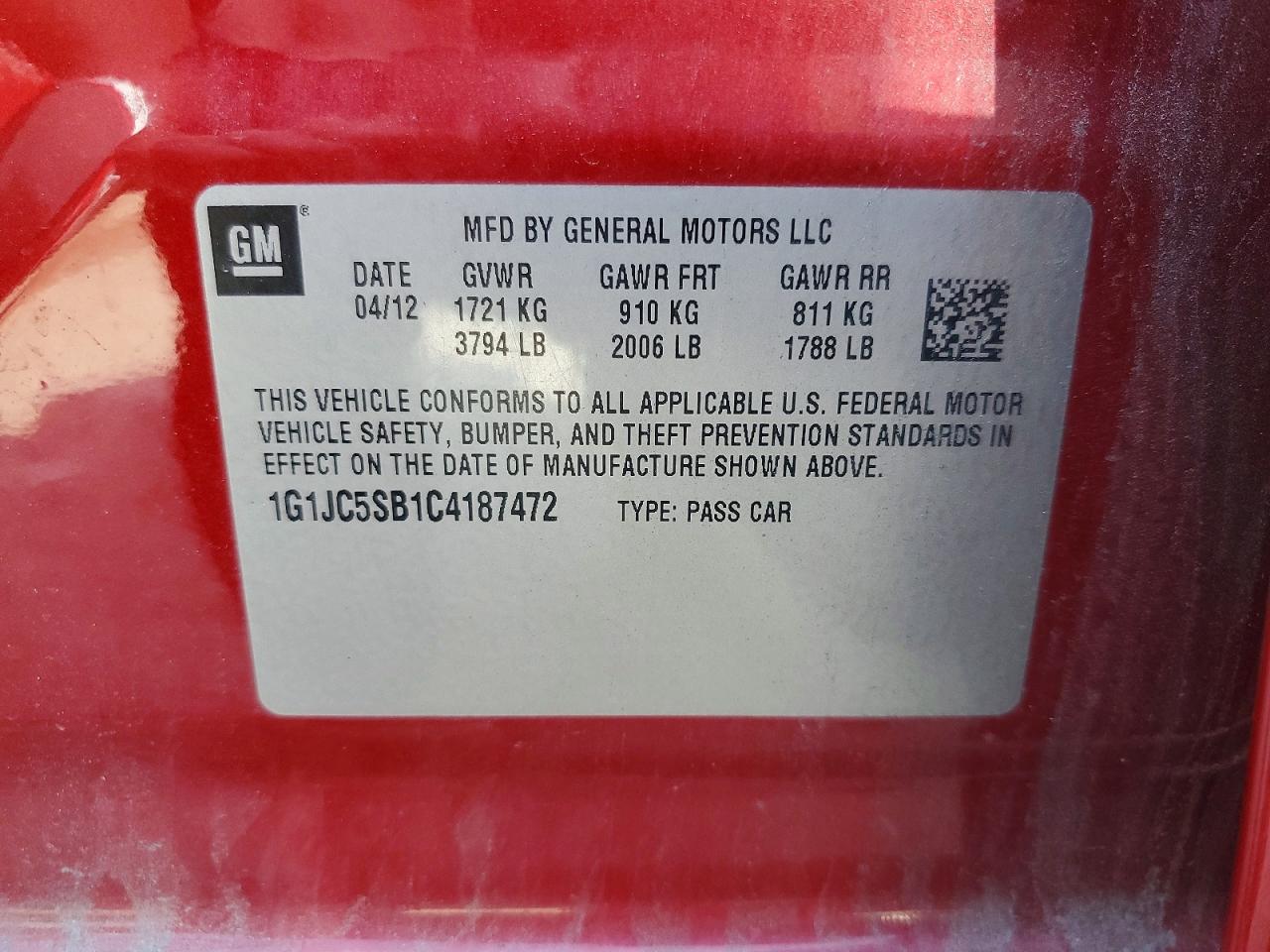 2012 Chev Sonic Burgundy vin: 1G1JC5SB1C4187472