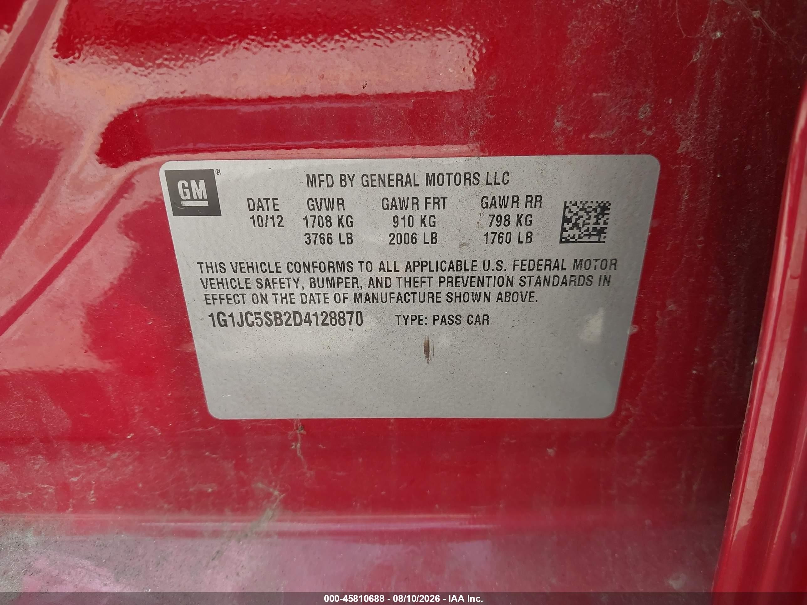 2013 Chevrolet Sonic Lt Auto Красный vin: 1G1JC5SB2D4128870
