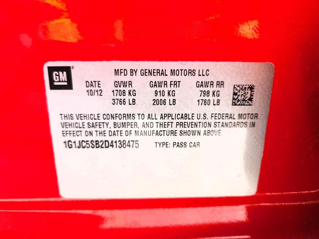 2013 Chevrolet Sonic Lt Red vin: 1G1JC5SB2D4138475
