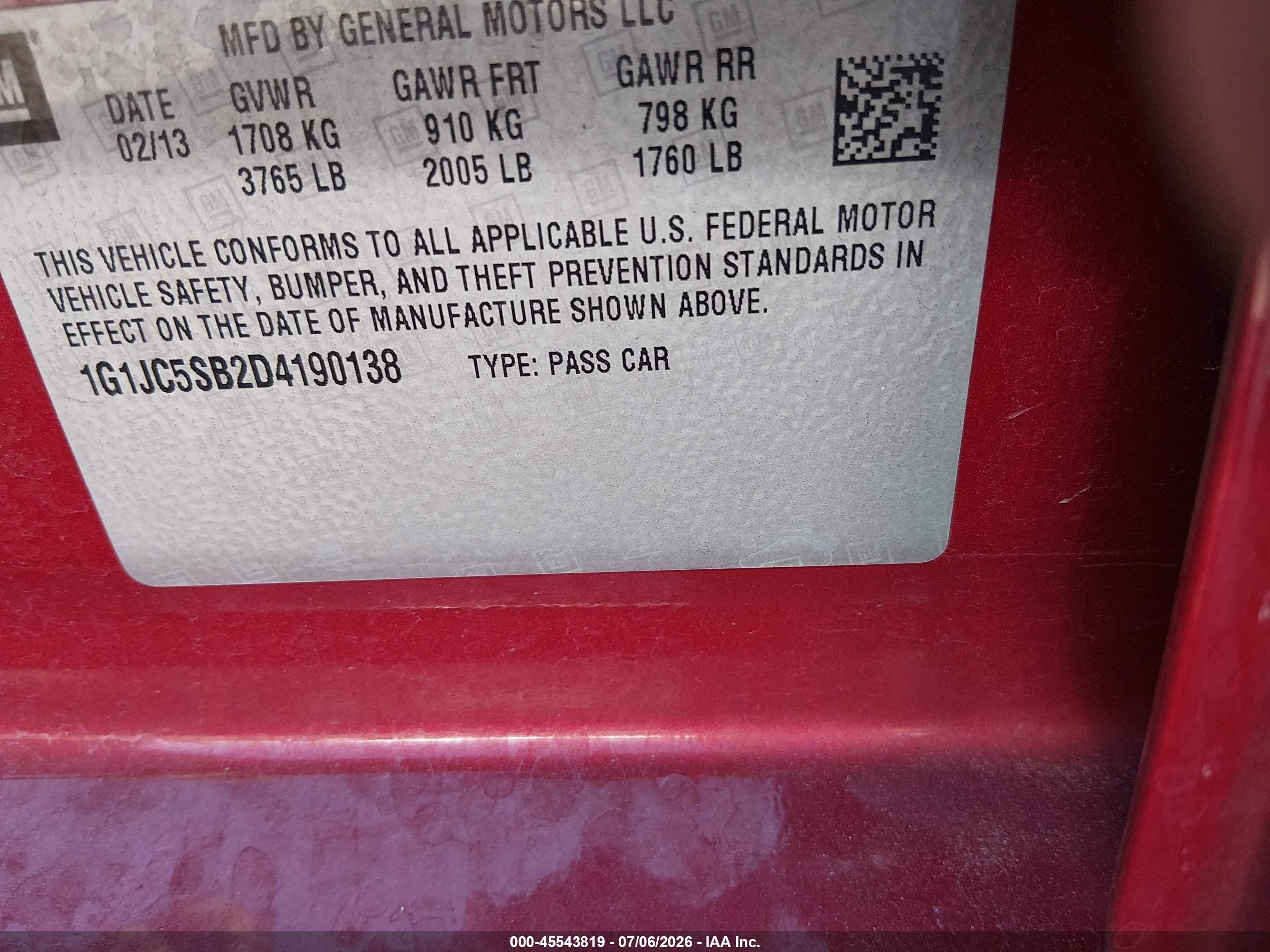 2013 Chevrolet Sonic Lt Auto Red vin: 1G1JC5SB2D4190138