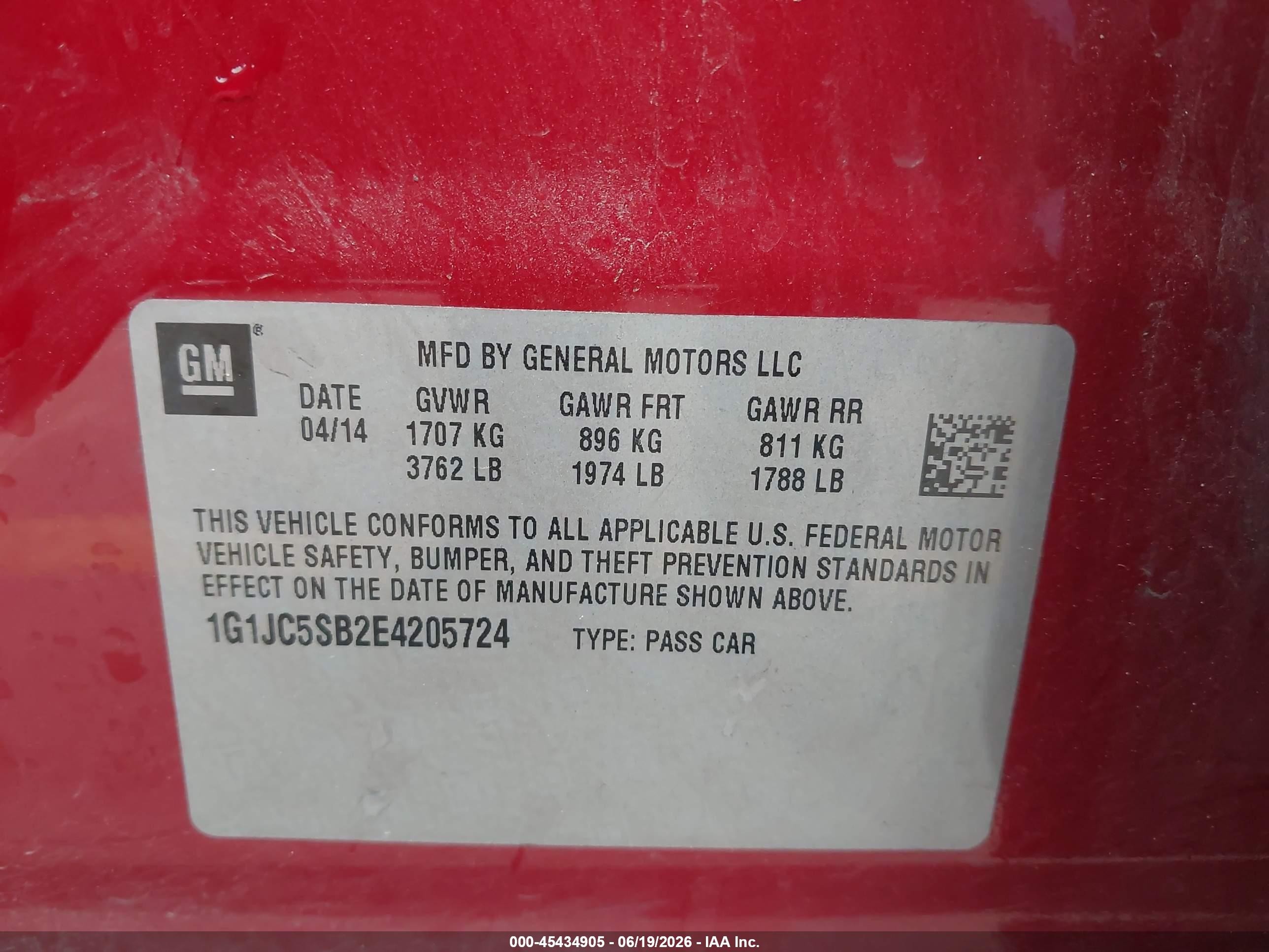 2014 Chevrolet Sonic Lt Auto Красный vin: 1G1JC5SB2E4205724