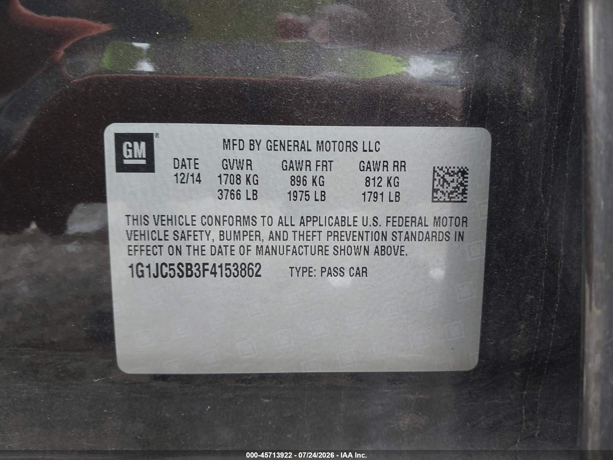 2015 Chevrolet Sonic Lt Auto Black vin: 1G1JC5SB3F4153862