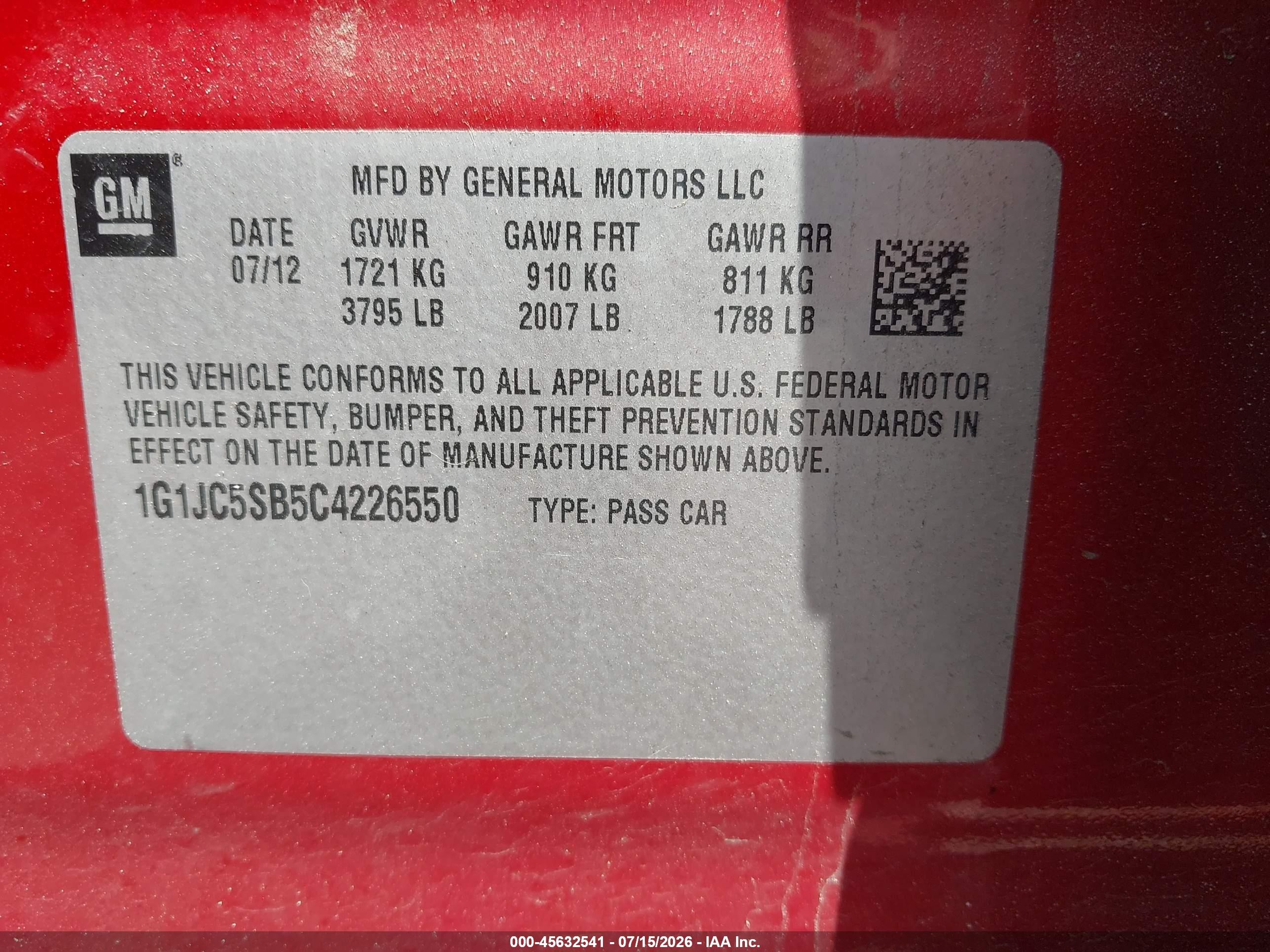 2012 Chevrolet Sonic 2lt Red vin: 1G1JC5SB5C4226550