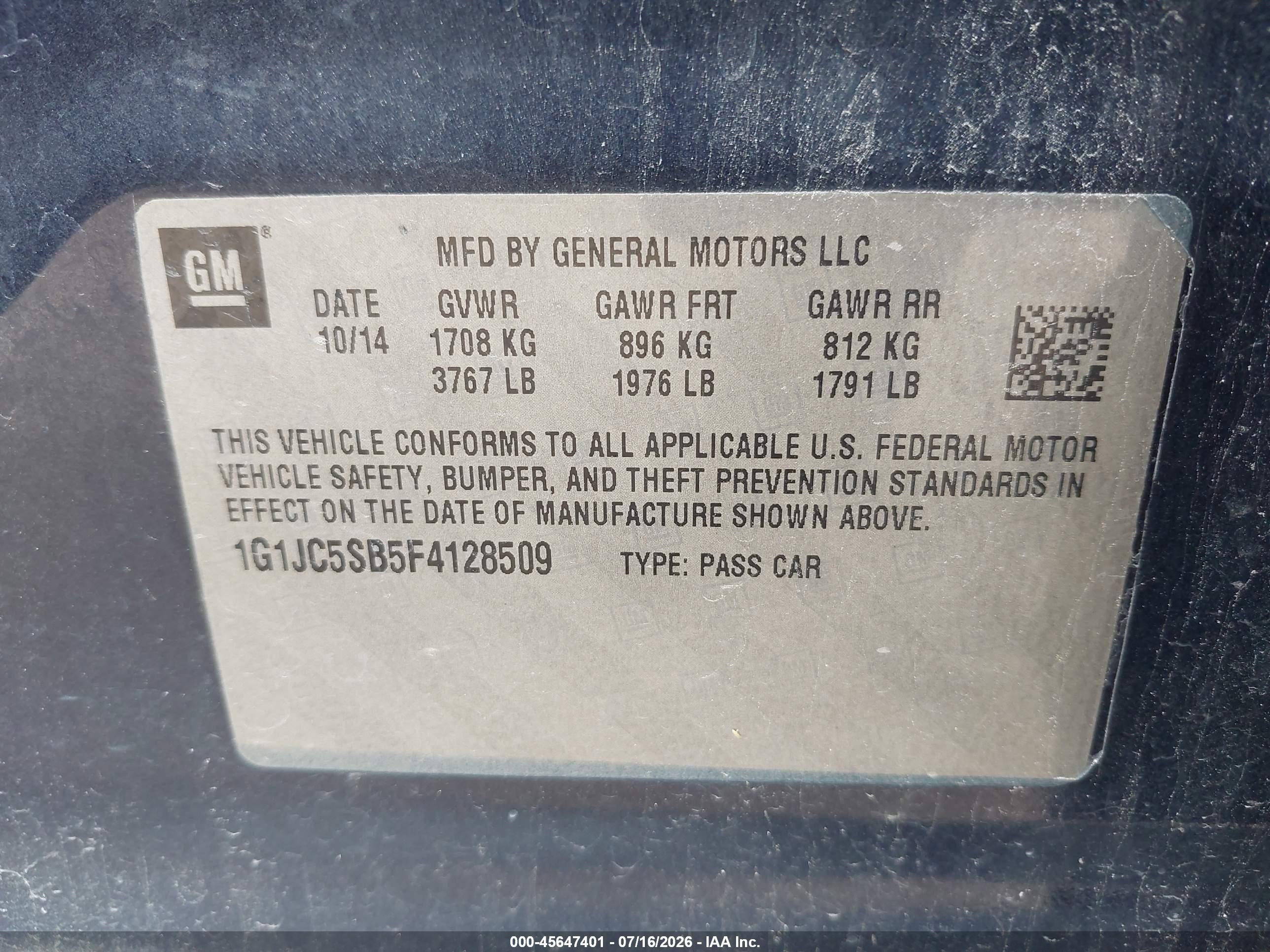 2015 Chevrolet Sonic Lt Auto Blue vin: 1G1JC5SB5F4128509