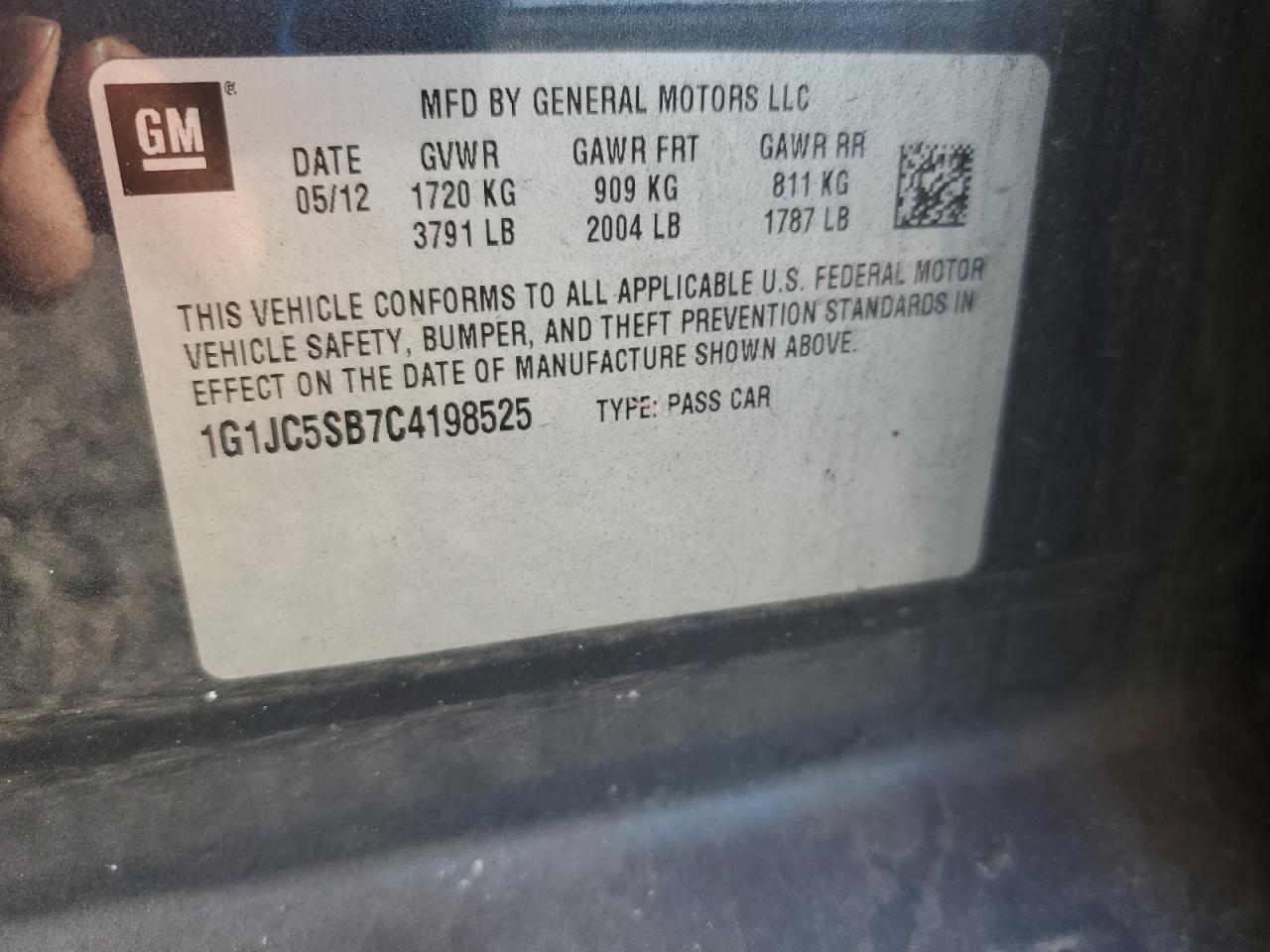 2012 Chevrolet Sonic Lt Gray vin: 1G1JC5SB7C4198525