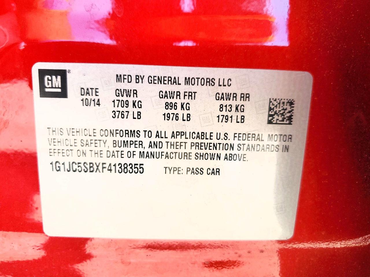 2015 Chevrolet Sonic Lt Red vin: 1G1JC5SBXF4138355