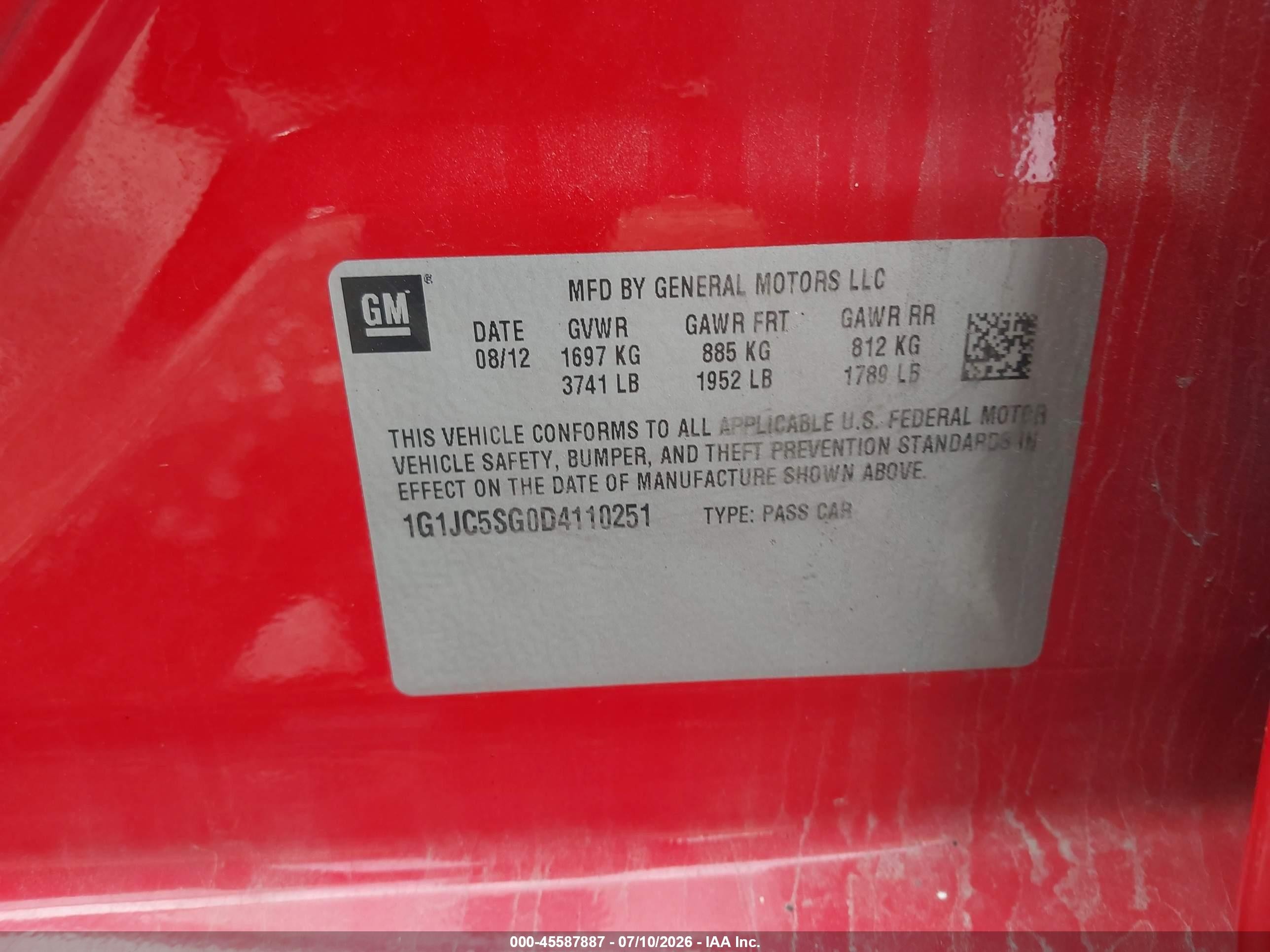 2013 Chevrolet Sonic Lt Auto Red vin: 1G1JC5SG0D4110251